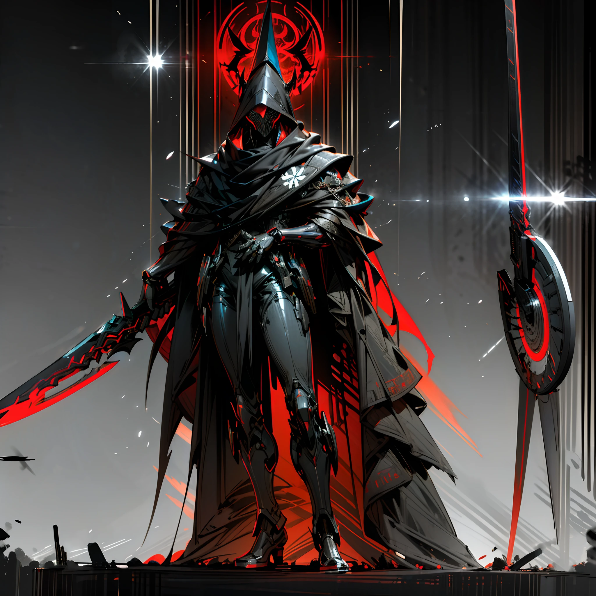 (absurdres, highres, ultra detailed),(Masterpiece, best quality:1.2)Dark_fantasy,1man,Mechanical marvel,Robotic presence,Cybernetic guardian, reaper, mechanical reaper, holding a scythe, wearing a black cloak, monochrome,dark red visors,red outlines throughout the body, glowing in the dark