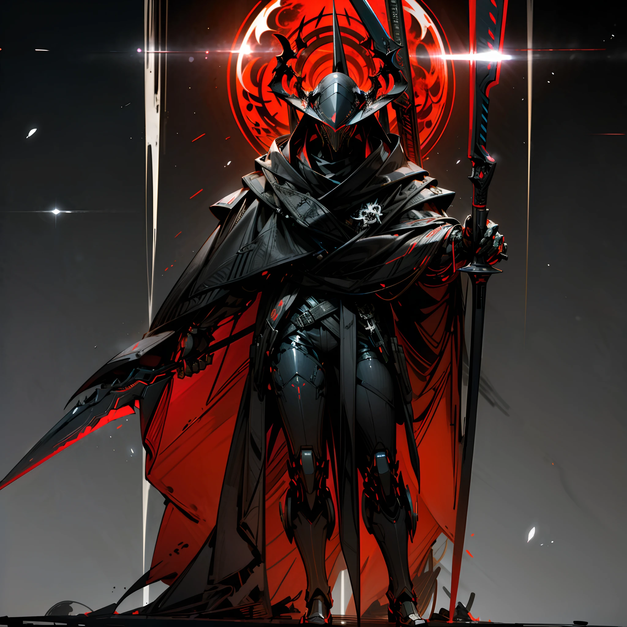 (absurdres, highres, ultra detailed),(Masterpiece, best quality:1.2)Dark_fantasy,1man,Mechanical marvel,Robotic presence,Cybernetic guardian, reaper, mechanical reaper, holding a scythe, wearing a black cloak, monochrome,dark red visors,red outlines throughout the body, glowing in the dark