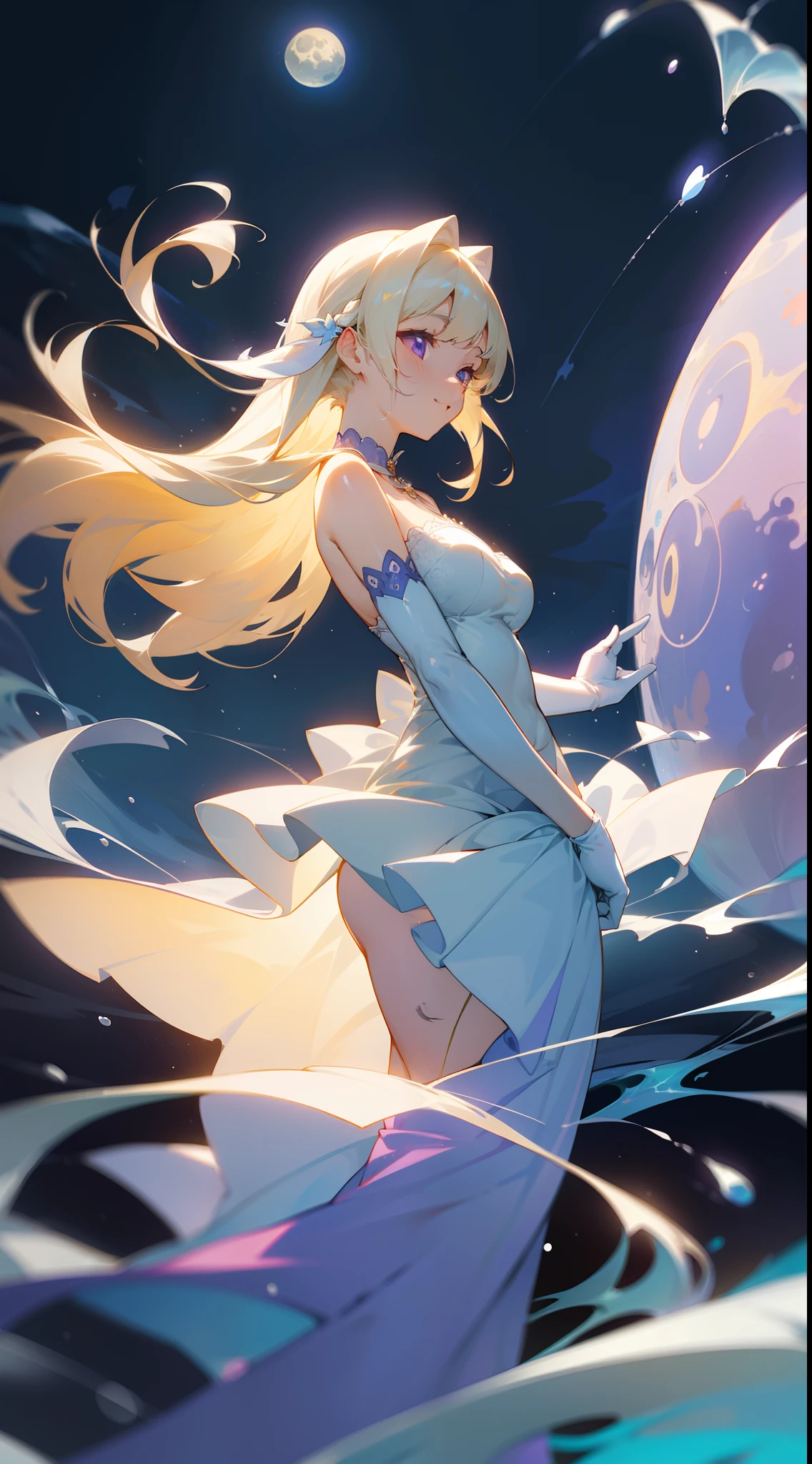 moon ,moon gazer, 1GIRL, CUTE, water, smile, asian, face seen from the side, fish, ORION, flowing water, divine ,White hair , blonde hair ,purple eyes, dutch_angle, from_below, floating hair, large_breasts, elbow_gloves, floating dress, flowing lace, halterneck,