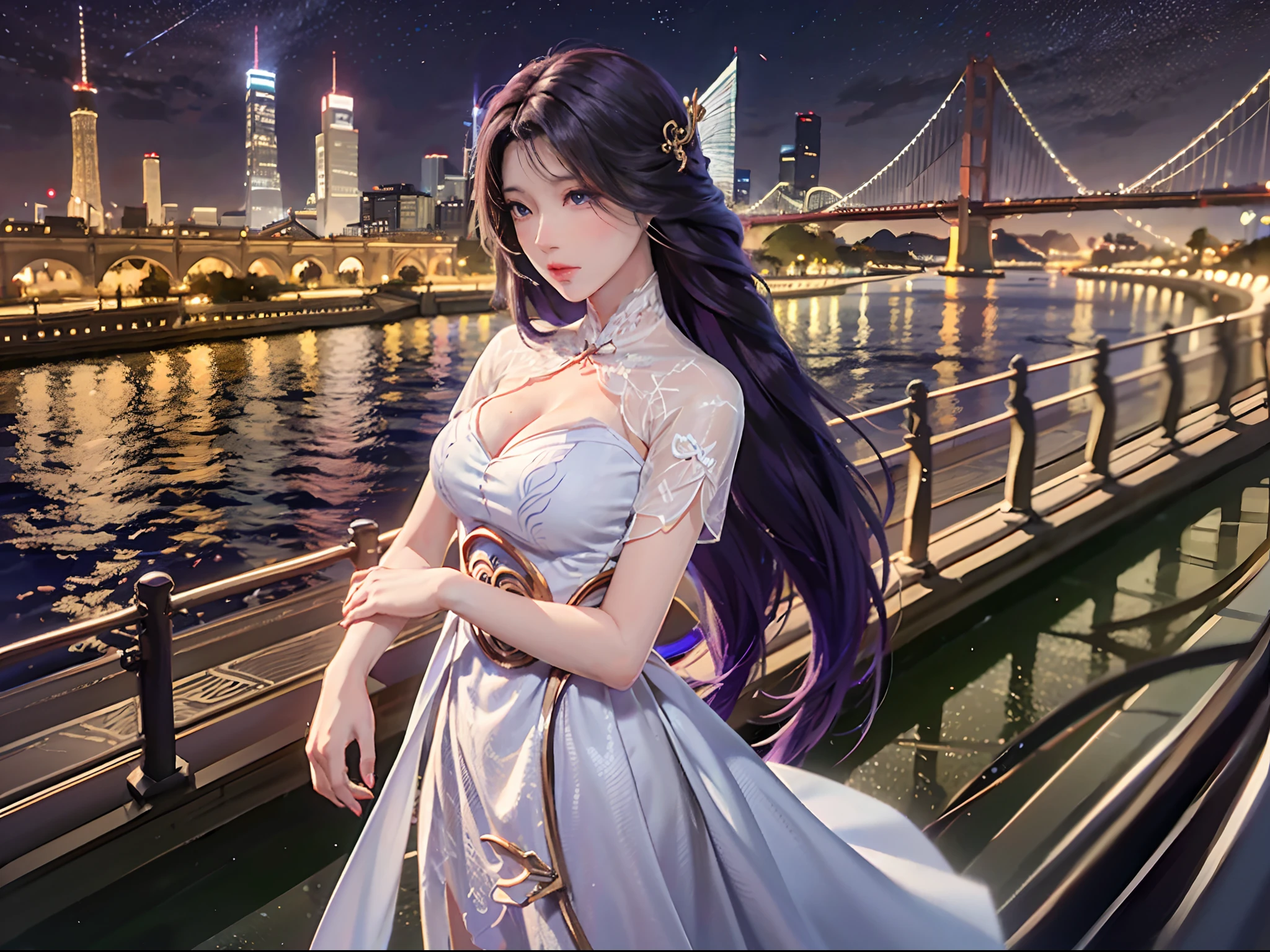 Woman with long black hair,White cheongsam,Holding a cyan ball fan,Look out over the bridge at night,((dark light,top-quality,8k,tmasterpiece:1.3)),(focal:1.2),(In China,Casual theme)(full bodyesbian:1.4),white clothes