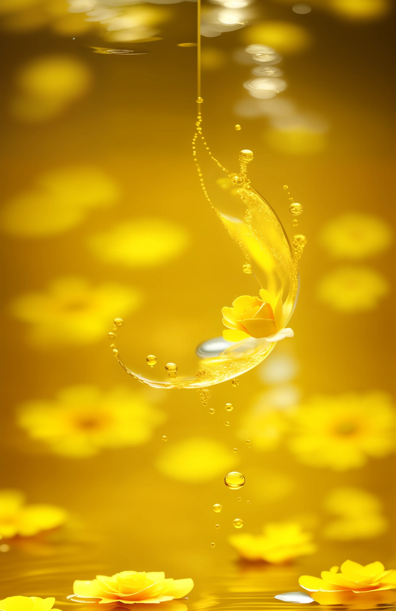 Close-up of yellow flowers floating in the water，There are bubbles, golden fish in water exoskeleton, Zhang Jingna, reflecting flower, glowing delicate flower, Yellow rose, glass flowers, on black background, depicting a flower, swirling flowers, sparkling petals, Lu Ji, alien flowers, photoshop water art, beautiful iphone wallpaper, Wu Liu