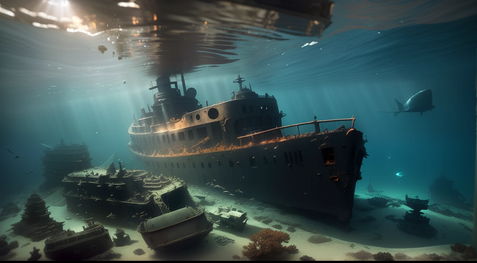there is a ship that is under water with sun shining, sunken ship, portrait of a sunken ship, shipwrecks, shipwreck, sinking underwater, red sea, alien ship wreck, by Robert Jacobsen, sunken, andreas franke, amazing depth, submerged underwater, underwater photography, incredible depth, unsplash contest winner, by Steven Belledin, ripley scott, water surrounds the ship