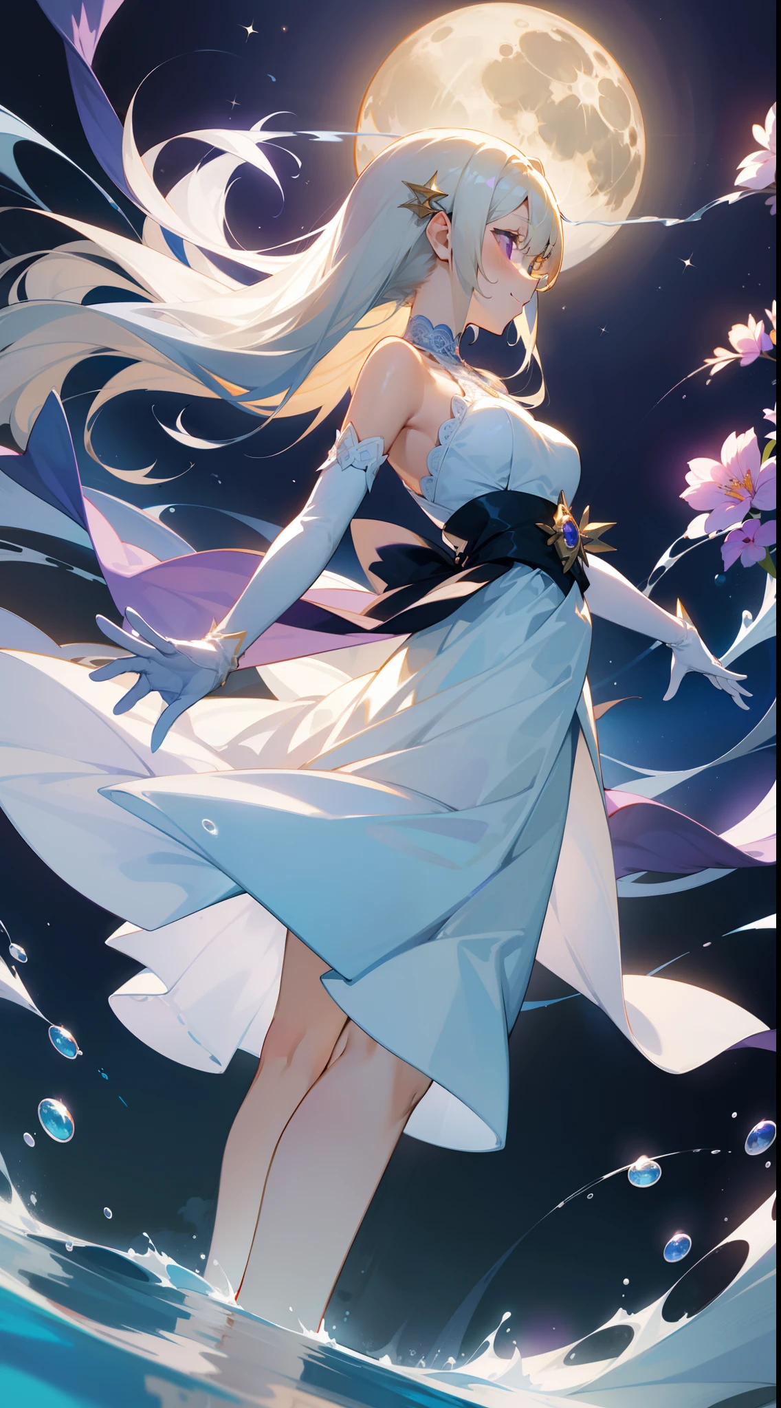 moon ,moon gazer, 1GIRL, CUTE, water, smile, asian, face seen from the side, fish, ORION, flowing water, divine ,White hair , blonde hair ,purple eyes, dutch_angle, from_below, floating hair, large_breasts, elbow_gloves, floating dress, flowing lace, halterneck,