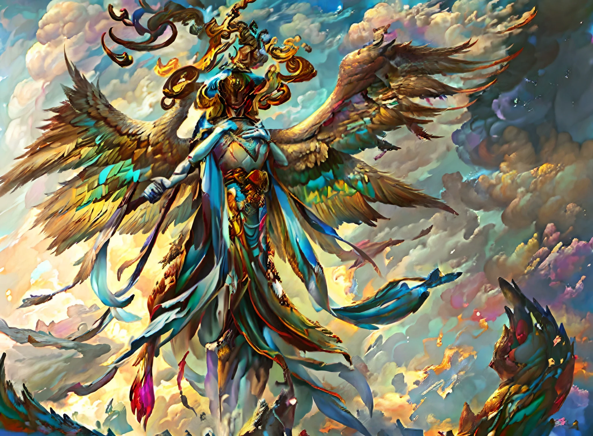 There is a woman with a sword and wings standing in the sky, do cavaleiro do anjo, Anjo majestoso de corpo inteiro, de anjo lindo, anjo super largo, Graphic artist Magali Villeneuve, anjo, epic angel wings, anjo feminino bonito, arte de fantasia de alta qualidade, cheio de pinturas de anjos, Um Anjo da Luz do Amanhecer, anjo bonito, arcanjo