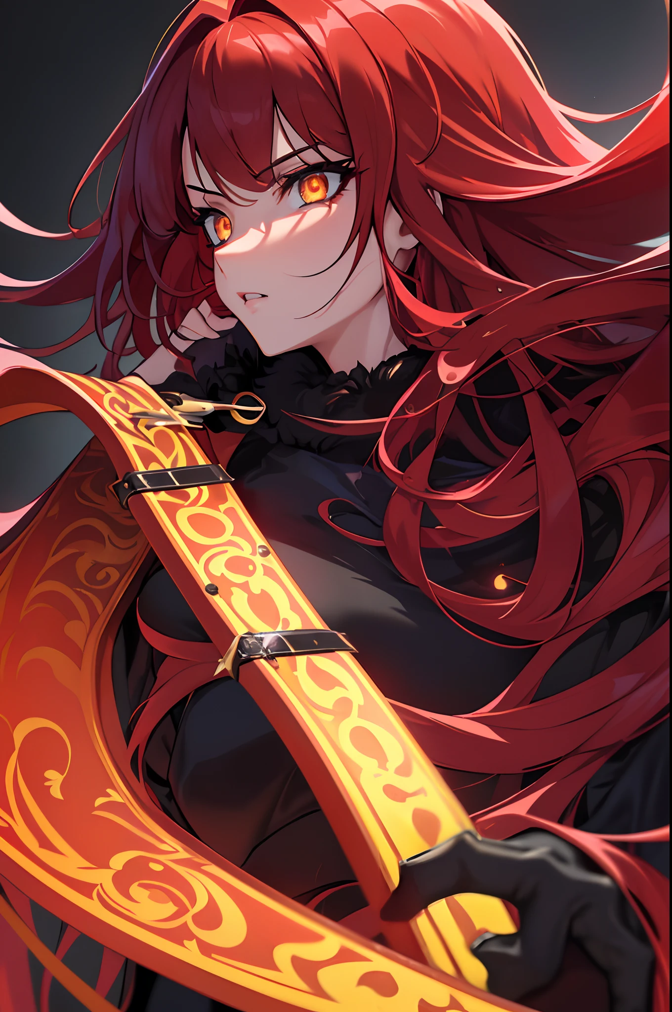 ((masterpiece)), ((best quality)), 1girl, long hair, big bust, ((red hair)), very long red hair, ((close-up)), yellow eyes, black and blue clothes, sexy, dark colors, brillant eyes, ((coat with fur)), ((wavy hair)), exposed skin, ((sexy pose)), ((intimidant look)), good anatomy, ((queen clothes)), ((straight cut bangs)), red gloves, evil, emotionless, intimidant, bloody, ((beautiful eyes)), dark background, close up, ((detailed eyes)), beautiful eyes, hair bang, frontal look