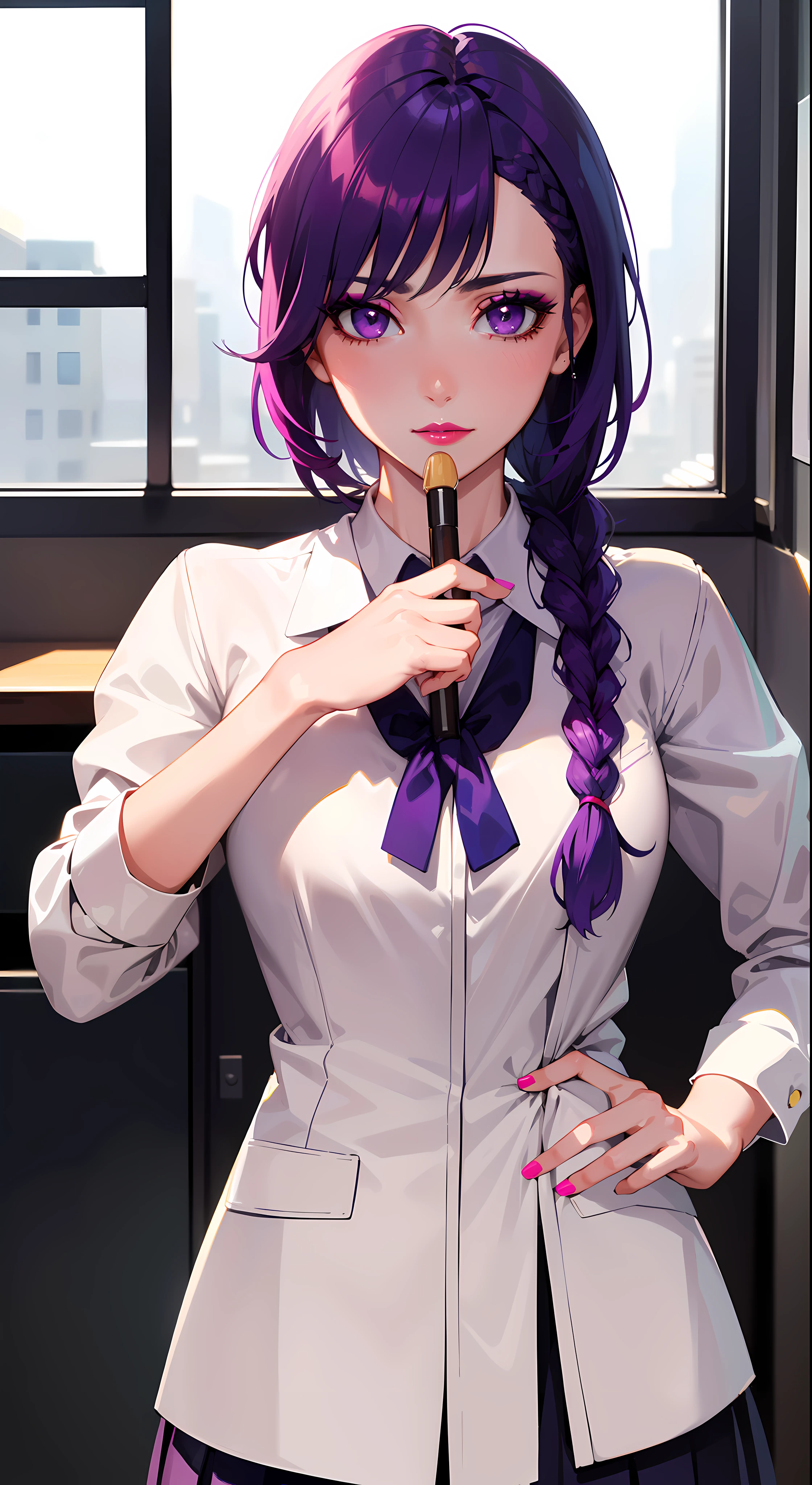 ((formal girl uniform)), upper body, seductive look, blush, indoors, in office, looking at viewer, cloudy, moody lighting, (perfect detail eyes:1.2), glowing eyes, (long hair one braid:1.2), (Masterpiece, Best Quality, High Quality:1.4), professional artwork, Intricate Details, field of view, sharp focus, detailed painting, photorealistic lighting, trending on pixiv, (vivid lighting, vibrant colors:1.05), realistic shadows, ambient occlusion, (athletic body:1.3), mature woman, 30yo, shenhe, hyperdetail eyes, beautiful eyes, (((solo:1.4))), semi-realistic hair, hyperdetailed clothes, (((beautiful makeup:1.3, beautiful pink lipstick:1.3, beautiful pink eyeshadow:1.3, purple eyes:1.0, purple hair:1.0))), (solo:1.4)