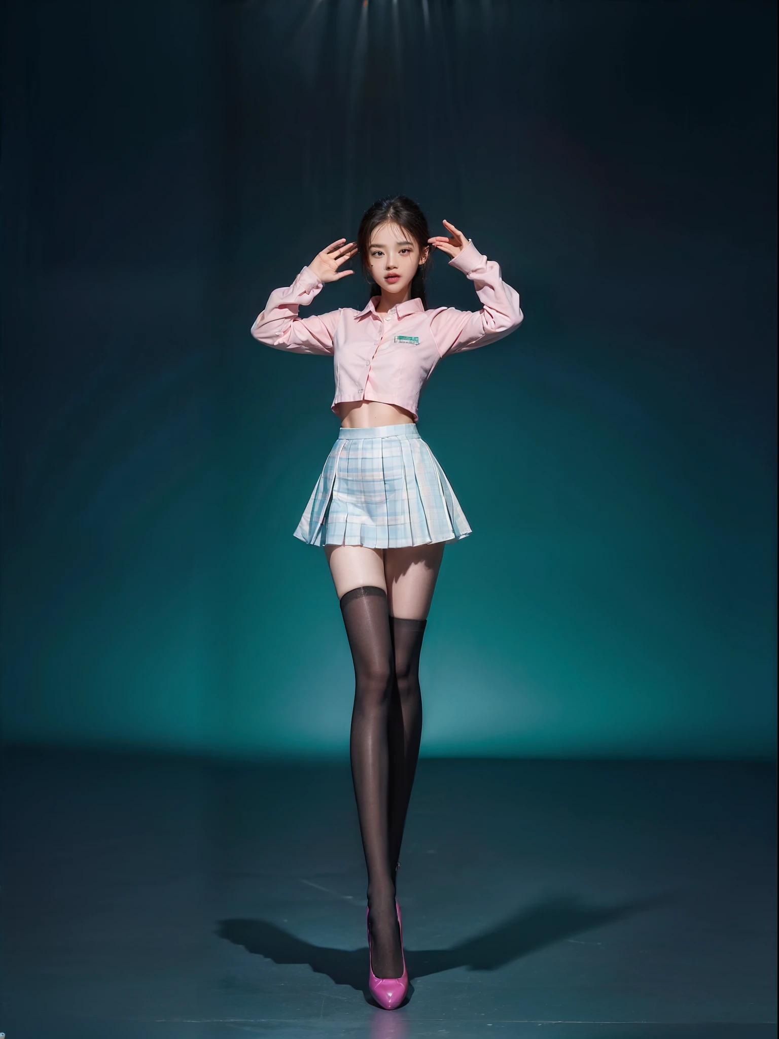 (Full body shot:2), anatomy correct, Must show your face, dancing pose, Must wear pointee-heeled leather shoes, （In pink|amarelo|blue colors|green color|red colour|white colors|black in color|purpleish color|greys|Beige|Skin color）, Wearing a JK student uniform， Over-the-knee stockings，(gloss on the skin:1.3),Many jewelry, A shallow laugh, anatomy correct, Complex and diverse backgrounds, hyper HD, Ray traching, reflective light, structurally correct, Award-Awarded, high detal, lightand shade contrast, Face lighting, tmasterpiece, super detailing, high high quality, high detal, best qualityer, Reflectors, 16k