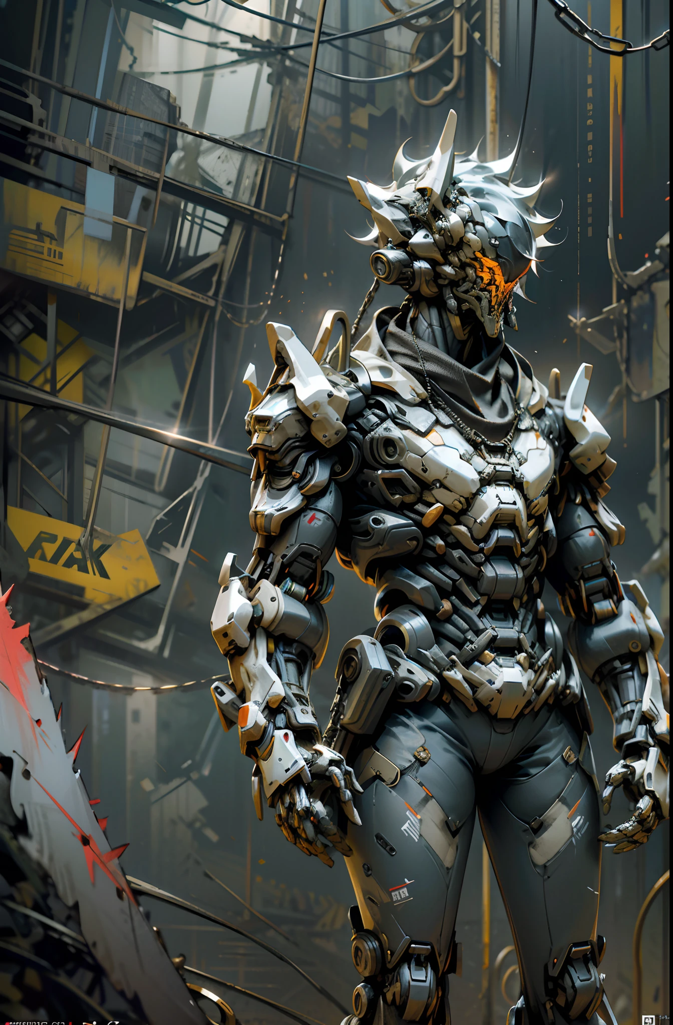 Dark_Fantasy,Cyberpunk,(chain saw,chain saw man,Red:1.1),1man,Mechanical marvel,Robotic presence,Cybernetic guardian,