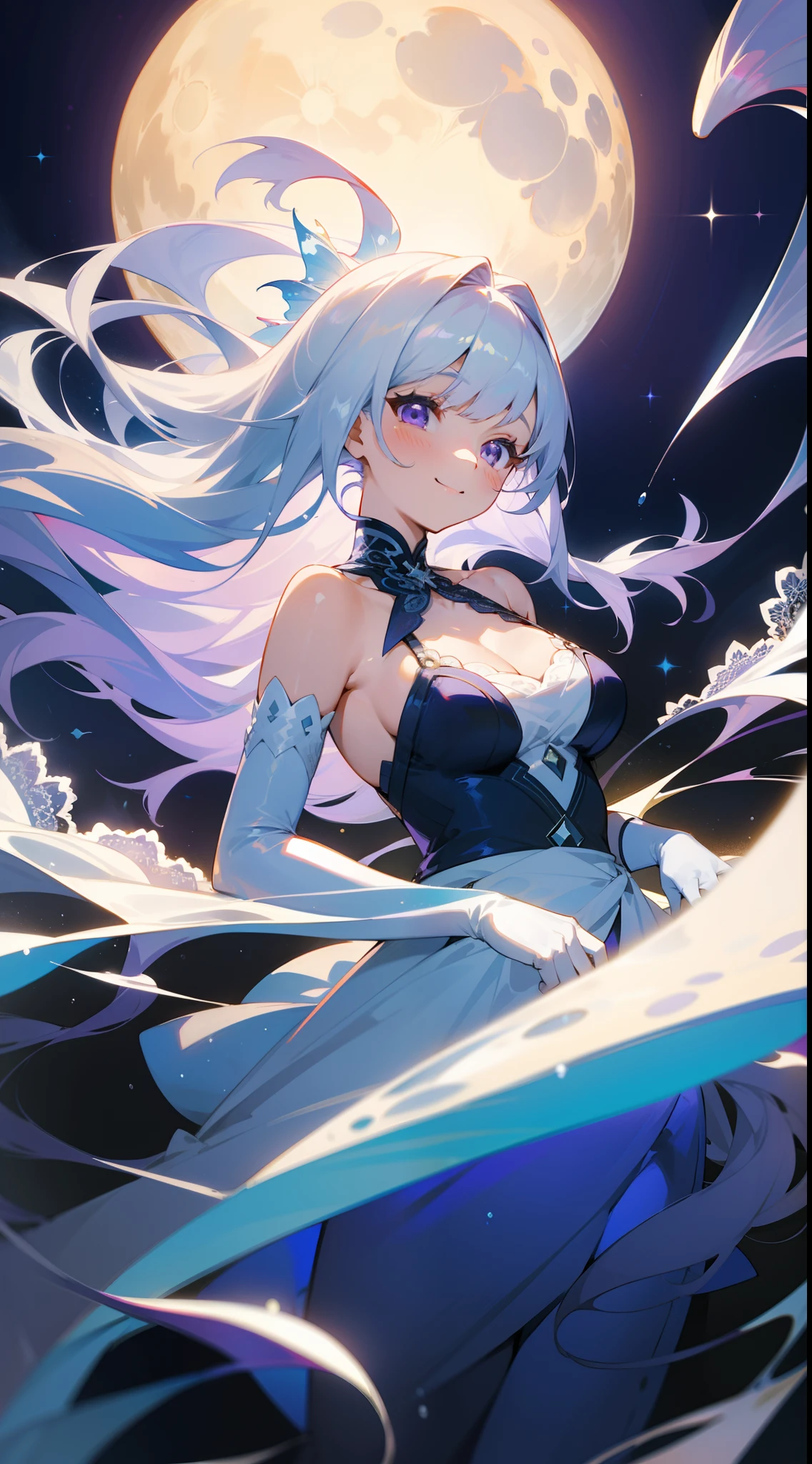Moon ,Moongazer, 1girl in, Cute, Water, Smile, Asian, Face seen from the side, Fish, Orion, flowingwater, divine ,White hair , Blonde hair ,Purple eyes, dutch_Angle, from a_Below, Floating hair, Large_breasts, Elbow_gloves, floating dress, flowing lace, halterneck,