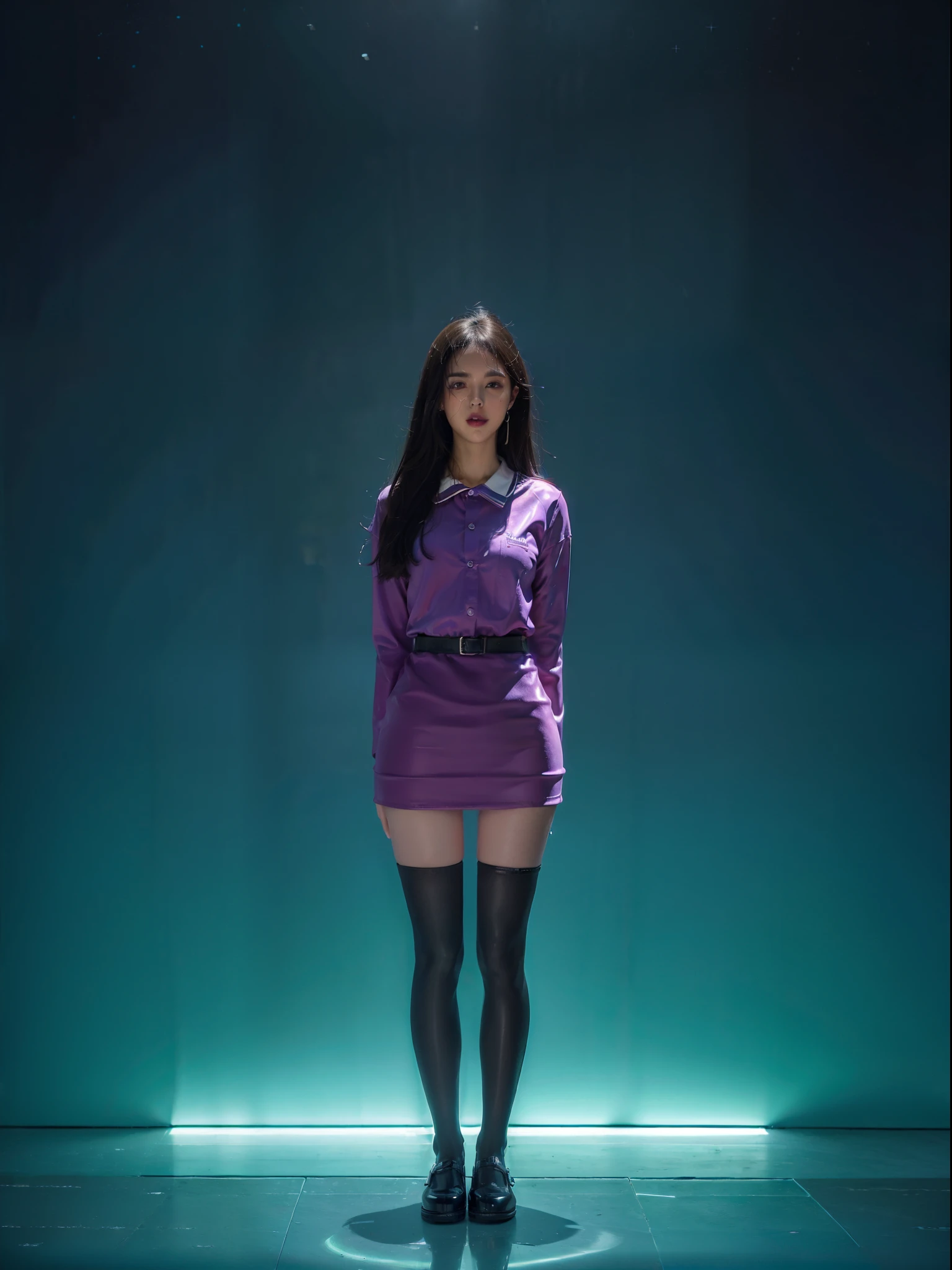 (Full body shot:2), anatomy correct, Must show your face, dancing pose, Must wear pointee-heeled leather shoes, (In pink|amarelo|blue colors|green color|red colour|white colors|black in color|purpleish color|greys|Beige|Skin color), Wearing a JK student uniform, Over-the-knee stockings,(gloss on the skin:1.3),Many jewelry, A shallow laugh, anatomy correct, Complex and diverse backgrounds, hyper HD, Ray traching, reflective light, structurally correct, Award-Awarded, high detal, lightand shade contrast, Face lighting, tmasterpiece, super detailing, high high quality, high detal, best qualityer, Reflectors, 16k