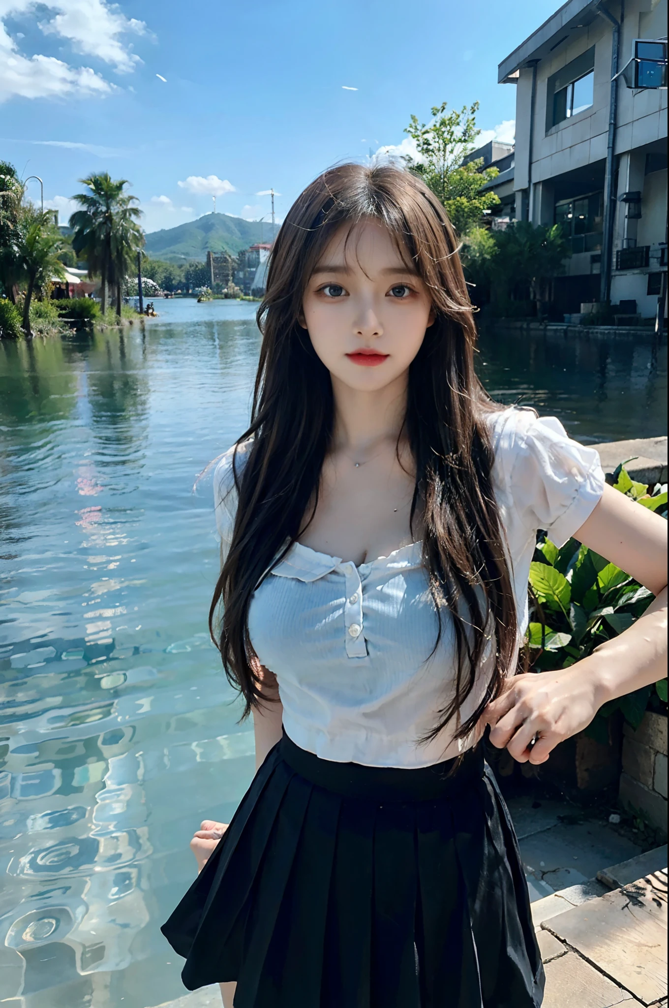 {masterpiece},{best quality},{1girl,{{li},brown hair,blue eyes,very long hair,hair flower,school uniform,mini skirt,happy}},Amazing,beautiful detailed eyes,finely detail,Depth of field,extremely detailed CG,original,outdoors,beautiful detailed hand,beautiful detailed fingers,large breast, cleavage,wet through,{knee under water},standing,{beautiful detailed water,beautiful detailed sky,fluttered detailed splashs},by Paul Hedley,colorful,hdr,{{colorful refraction}},{{cinematic lighting}},
