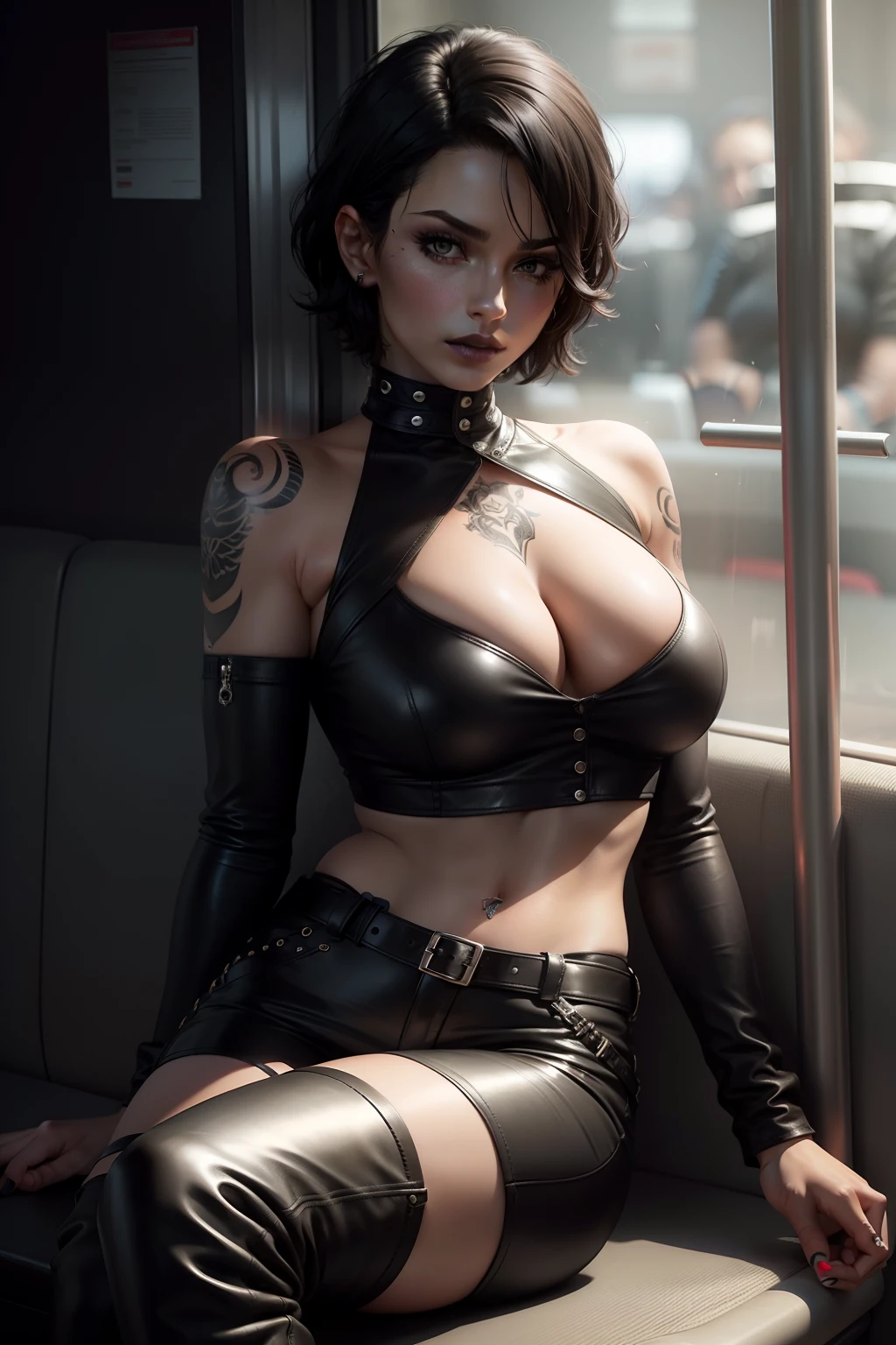 1 beautiful woman, very short hair, black leather crop top, cleavage, leather pants, black lips, cleavage, black boots, tattoos on her arms, asleep on the bus.