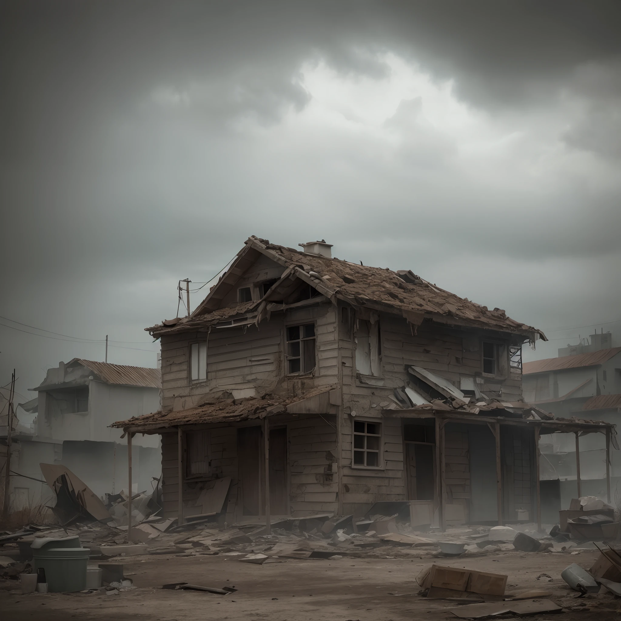 Post apocalyptic house. Dark and gloomy day. Lluvia intensa y rayos. muy detallado. 8k. alta calidad. ultra detallada. fotorrealista. Pintura digital
