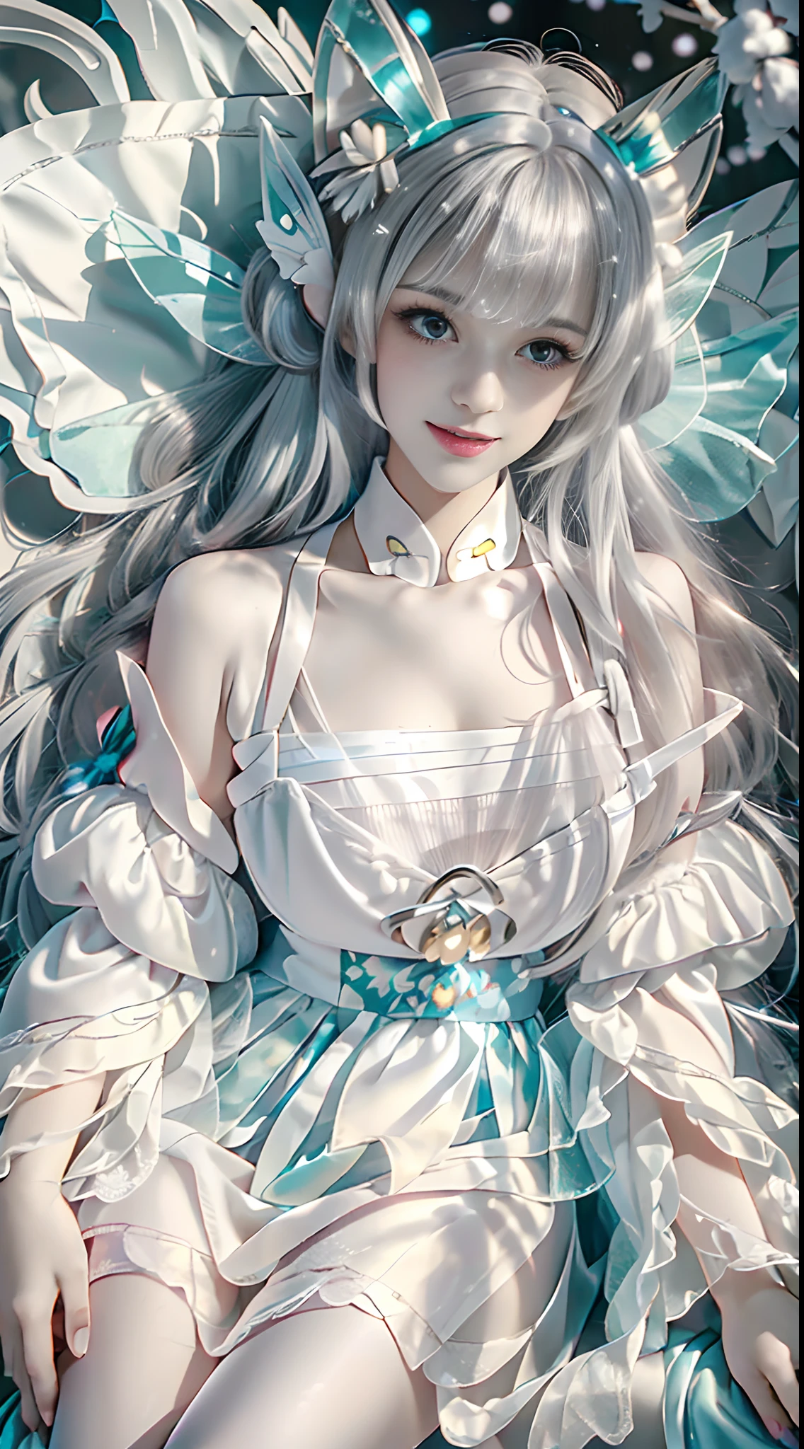 ((Masterpiece)), ((Best Quality)), ((Beautifully Painted)), ((Very detailed)), 1 Girl, Snow White Double Tail {{White Hair Bow}}, Snow White Bangs, Snow White Fox Ears, Pink Hairpin, (Cyan Eyes), (Beautiful Delicate Eyes), Light Smile, Blush, Less Clothes, Gray Bow Tie, Gray Layered Skirt, Snow White Furry Fox Tail, White Knees, Room Background