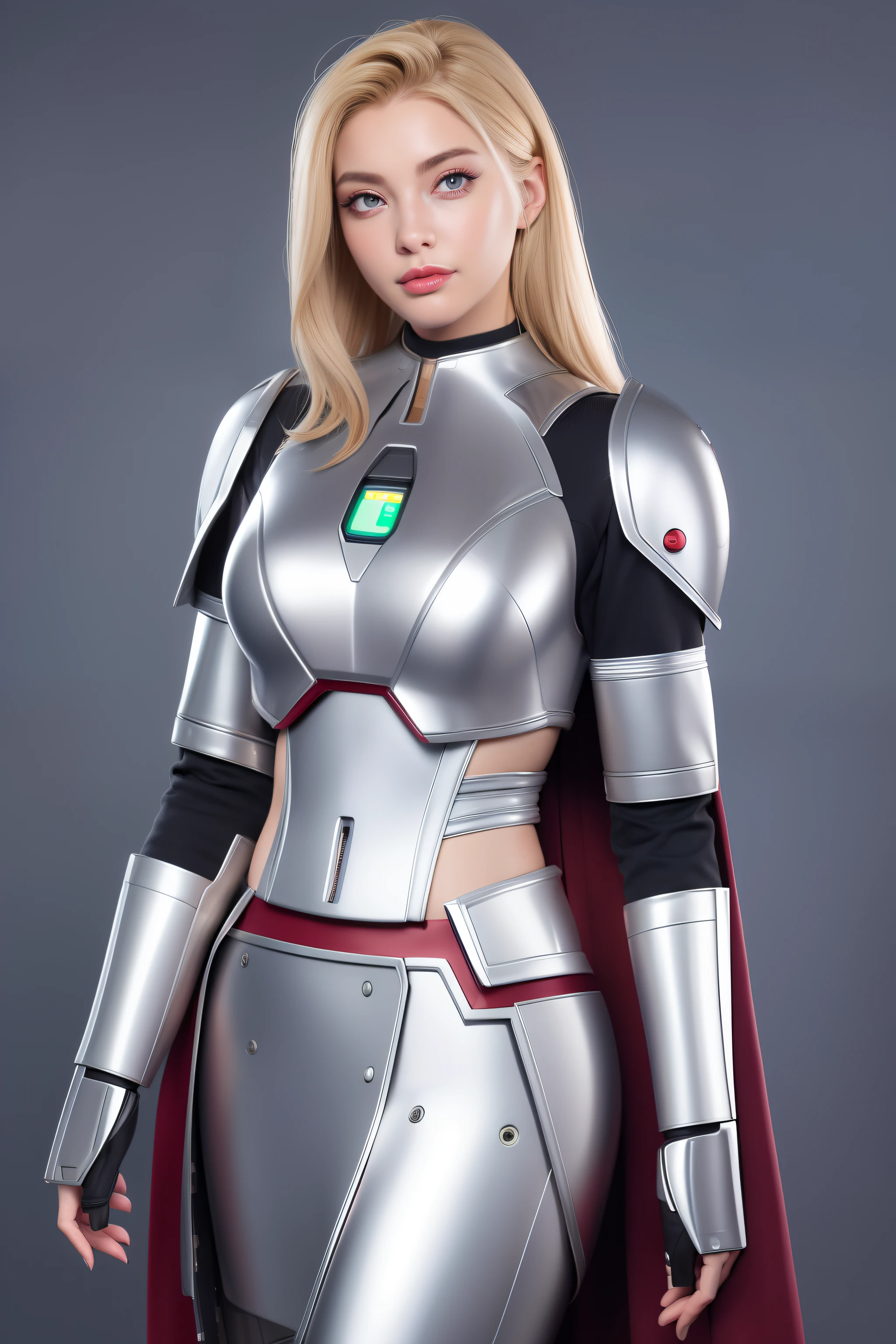 Beautiful Face Woman、a blond、Silver background、 Beautuful Women、18year old、prety woman、hyper realistic photography、High-definition photos、Red Lipstick、Mandalorian Style Metal Armor Skirt Suit、big eye、The skin is not very exposed、Do not cut your head off the screen、skirt by the、Robot Machine Suit