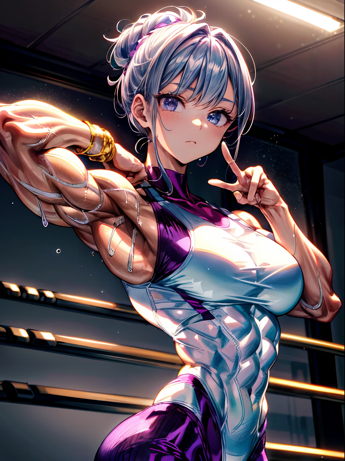 (BEST lighting) , (ultra intricately detailed) , 4K unification, (super-detailed CG: 1.2) , (8K: 1.2),(Original), (Masterpiece) , (Best quality),(Masterpiece:1.4),Anime-ish high quality,(Masterpiece),Masterpiece, Best quality, absurderes,((masterpeace, 4K, 8K, Yes, A high resolution))1girll, She was in the ballet studio,Ballet costumes, The blood vessels in the arm bulge like a snake,Spring, Boots, Perfect figure, Short white and purple asymmetrical hair, Sweat, Dynamic pose, ((body builder:1.5)),The strongest in the world,Practice dance studio background,(Beautiful bace),(Girl),(Female),(((Upper body:1)))