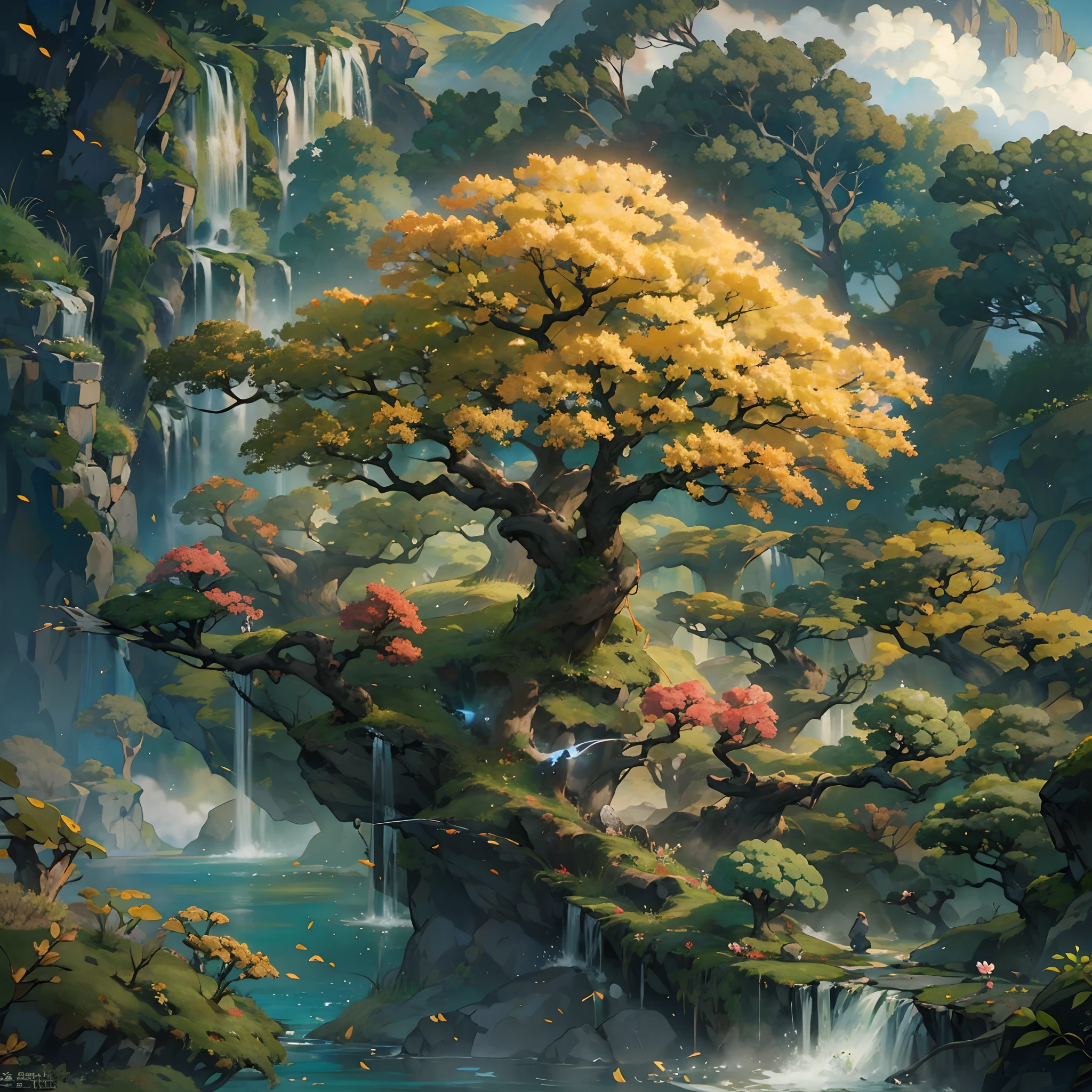 There is a huge ancient tree in the middle of the picture、The leaves emit a golden glow(Glowing balls),thatched hut、springtime、jungles、lakes、waterfallr、grassy fields、Rochas、hot onsen、hydrosphere、surrounded by cloud,(illustratio:1.0)、Epic composition、Realistic lighting、high definition detail、tmasterpiece、Best quality,(非常详细的 CG 统一 8k 壁纸)