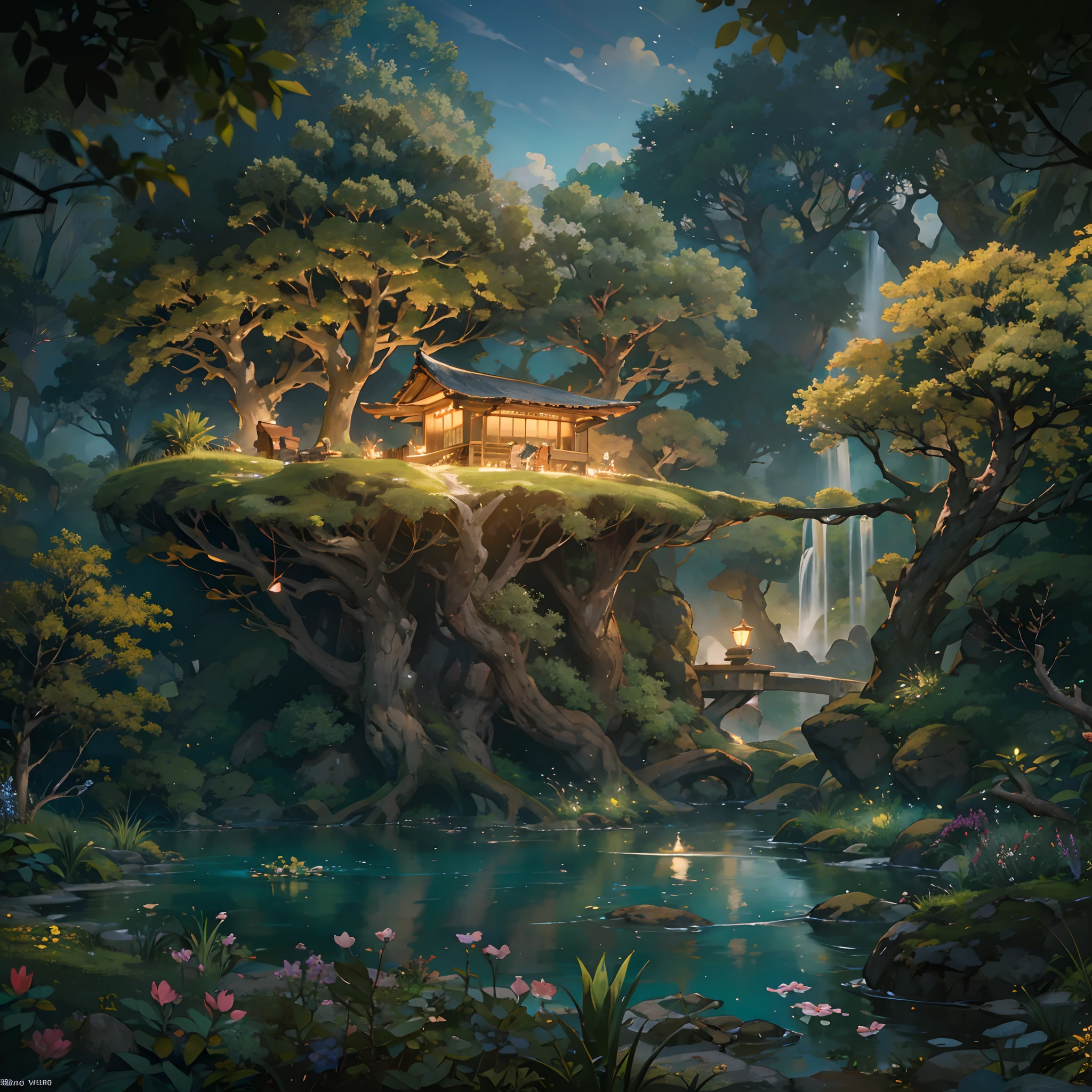 There is a huge ancient tree in the middle of the picture、The leaves emit a golden glow（Glowing balls），thatched hut、springtime、jungles、lakes、waterfallr、grassy fields、Rochas、hot onsen、hydrosphere、surrounded by cloud，（illustratio：1.0）、Epic composition、Realistic lighting、high definition detail、tmasterpiece、Best quality，（非常详细的 CG 统一 8k 壁纸）