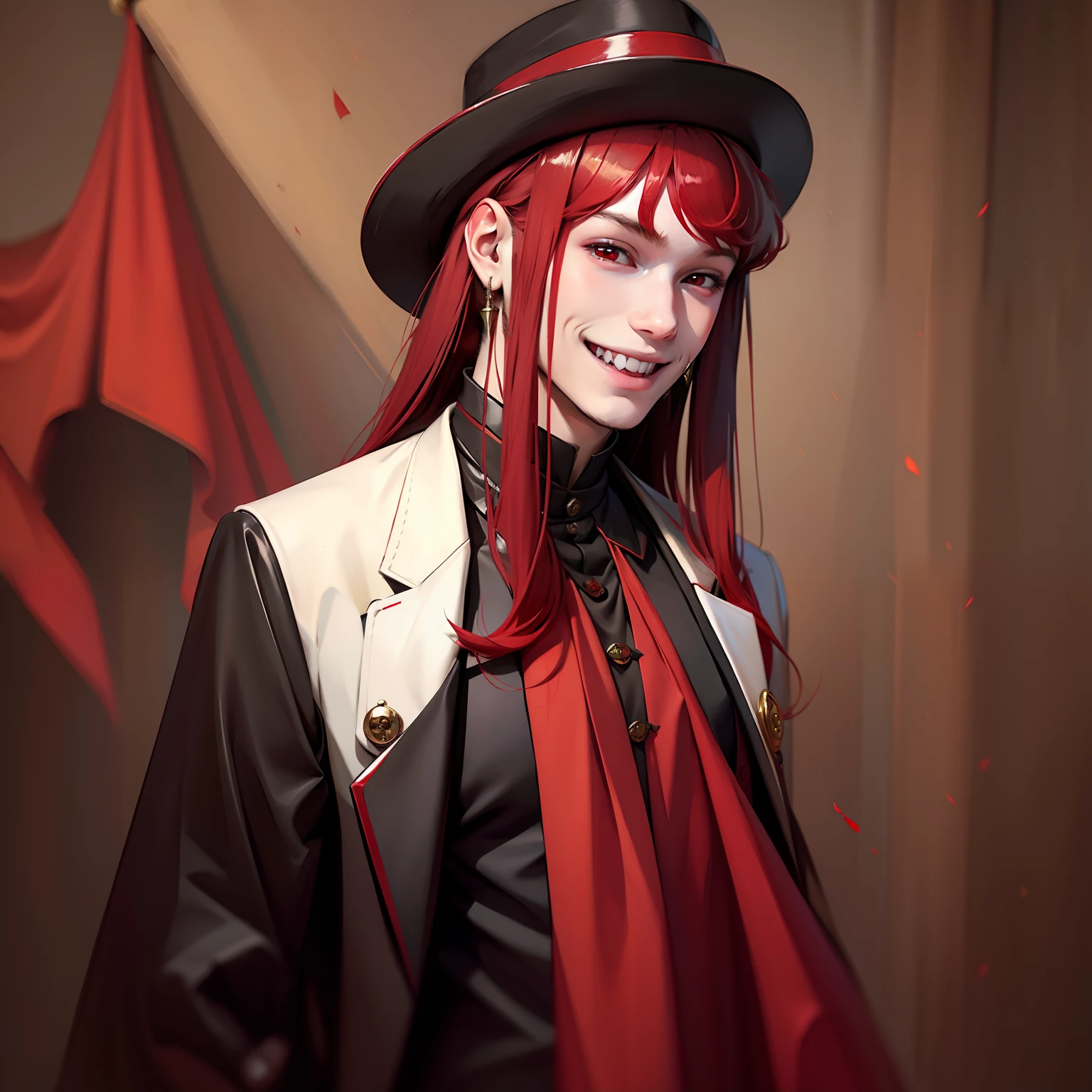 Long-haired boy,redheadwear,Red eyes,Vampires,A teenager with a fangs smiling。