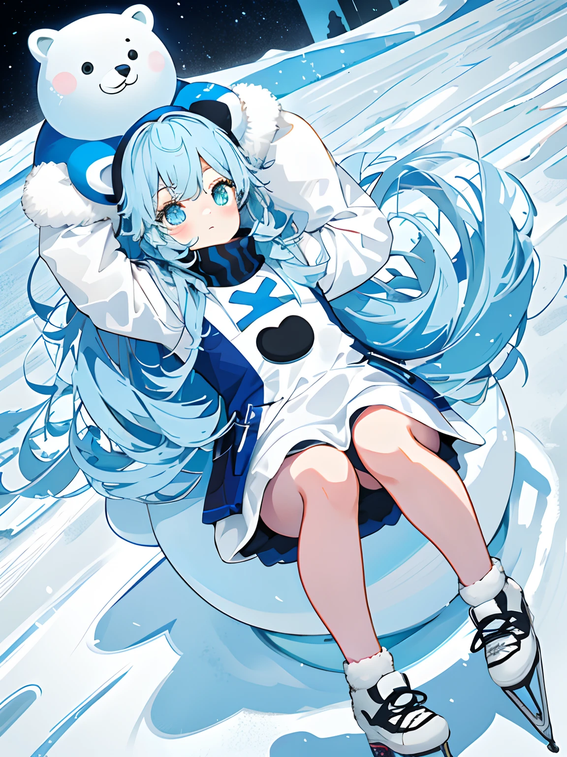 3. The character:Polaris and her polar bear friends play in the snow。 appearance:Light blue shoulder-length hair,Dark blue pupils,Wears a blue outfit,Mixed with a little warm pink。Polar bears with shaggy white bodies。 nature:Lively and welcoming,Helpful。 Hobbies:photography of,skiing,skating,ice - carving。 scene:Vast snow,Polaris is playing with a group of adorable polar bear friends。They build snowmen、snowball fight,Joyful laughter echoed in the ice and snow。