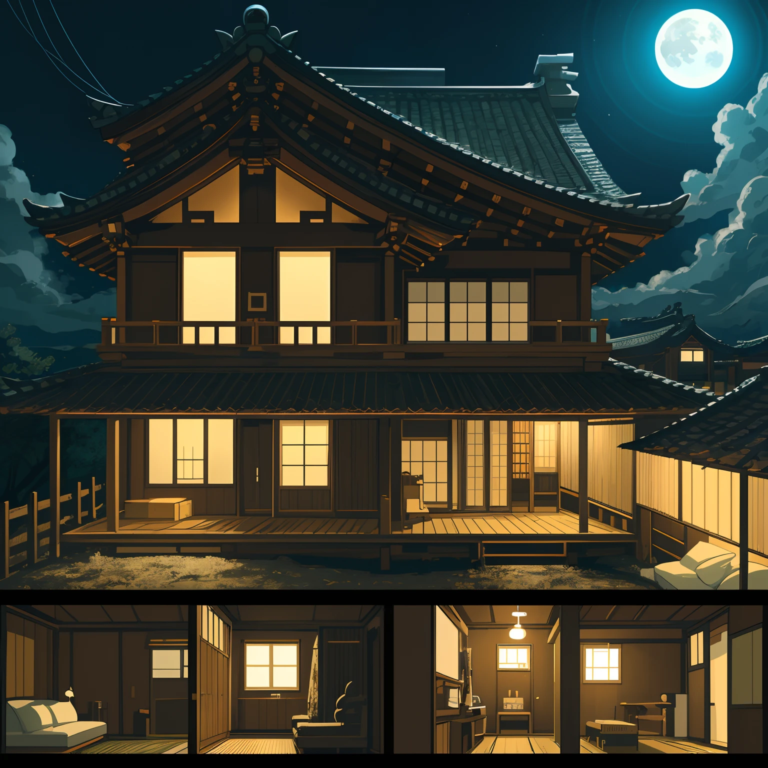 highres, absurdres(highly detailed beautiful face and eyes)perfect anatomy, detailed background, User Interface of game, side view game, night, japanese house, deteriorated furniture, windows, moonlight, 6+boys, 6+girls, expression, good lighting, cinematic shadow(kemono, furry anthro)assorted poses,