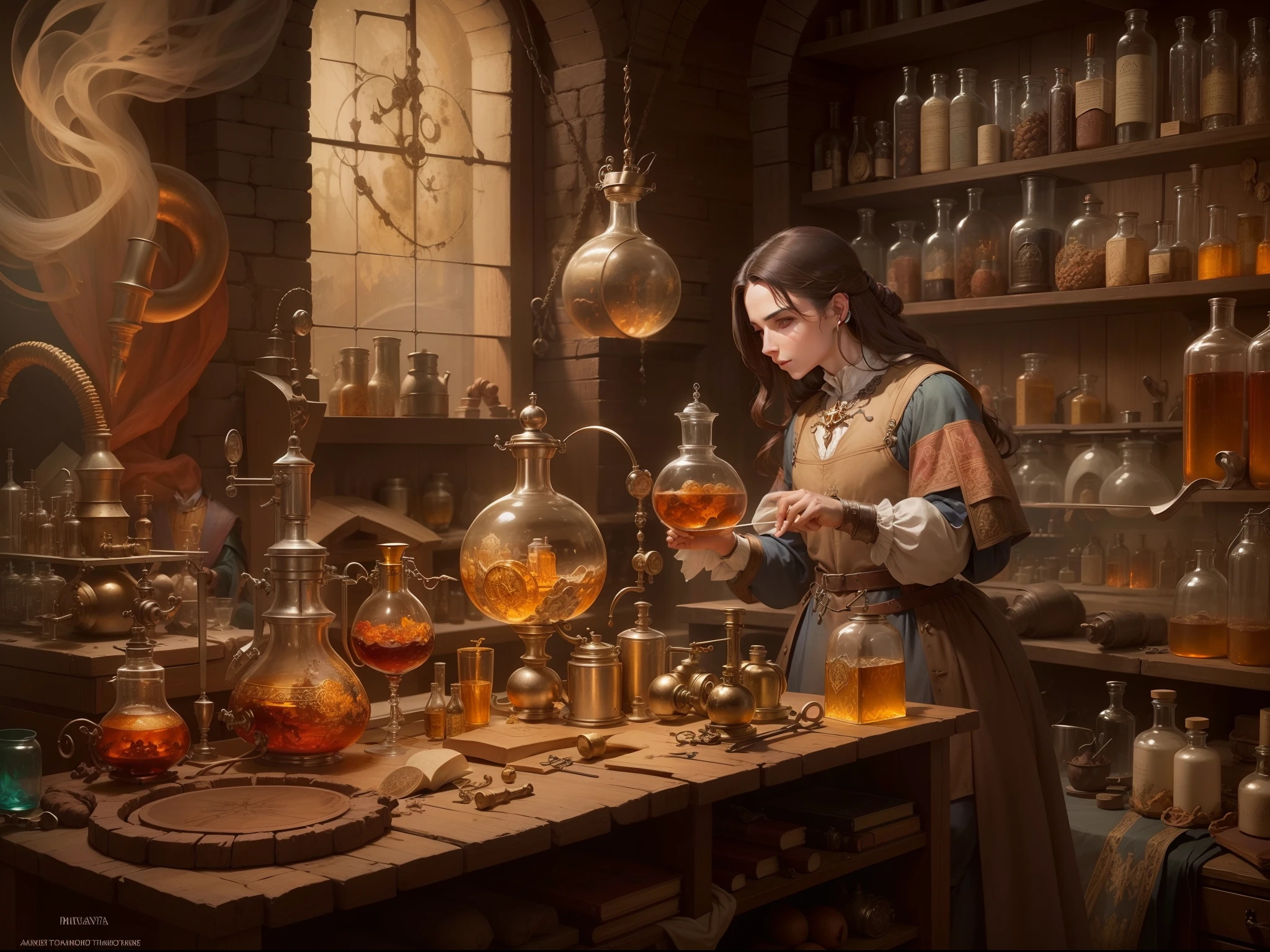 An amazing medieval alchemist with his wife in an alchemical laboratory, anatomia perfeita, Stunning composition, Alchemical instruments and symbols, Use a warm palette to create an amazing, vintage image.