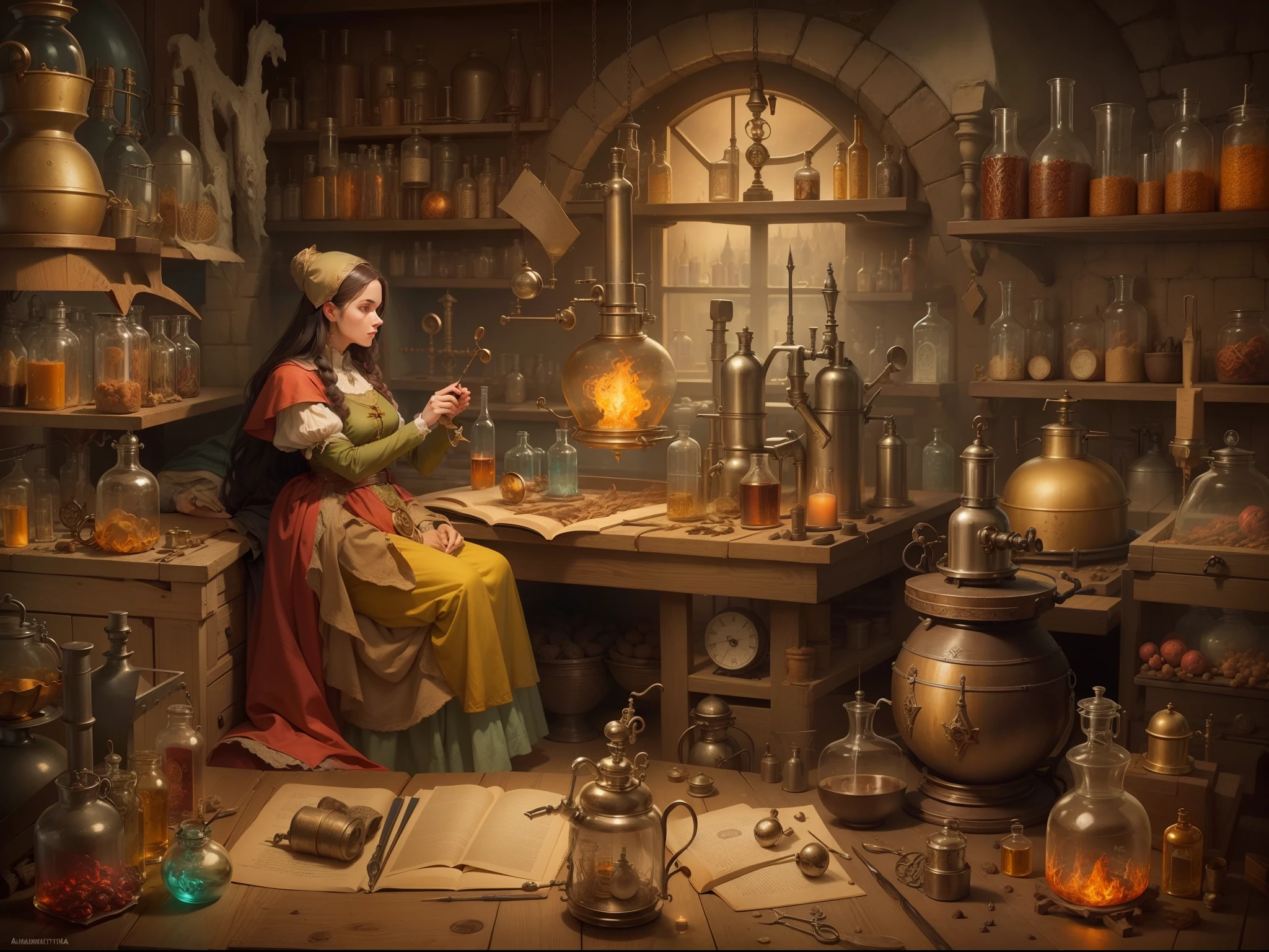 An amazing medieval alchemist with his wife in an alchemical laboratory, anatomia perfeita, Stunning composition, Alchemical instruments and symbols, Use a warm palette to create an amazing, vintage image.