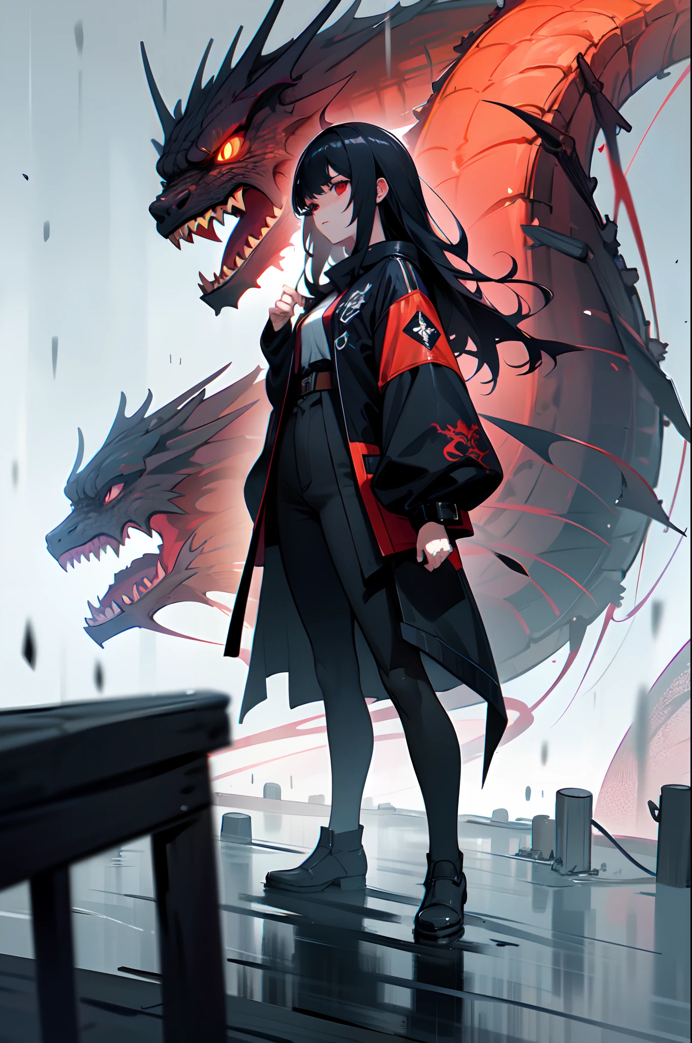 a girl standing on a ledge in her hand in front of a cityscape with a dragon flying overhead,(red eyes western dragon), dark clouds, city,long hair,black hair,tornado,rain, dragon, 
(best quality), ((masterpiece)), (highres), illustration, original, extremely detailed wallpaper, 1girl
beautiful detailed sky, beautiful detailed water, cinematic lighting, dramatic angle,
extremely detailed CG unity 8k wallpaper,cinematic highlight hair,studio photography,
