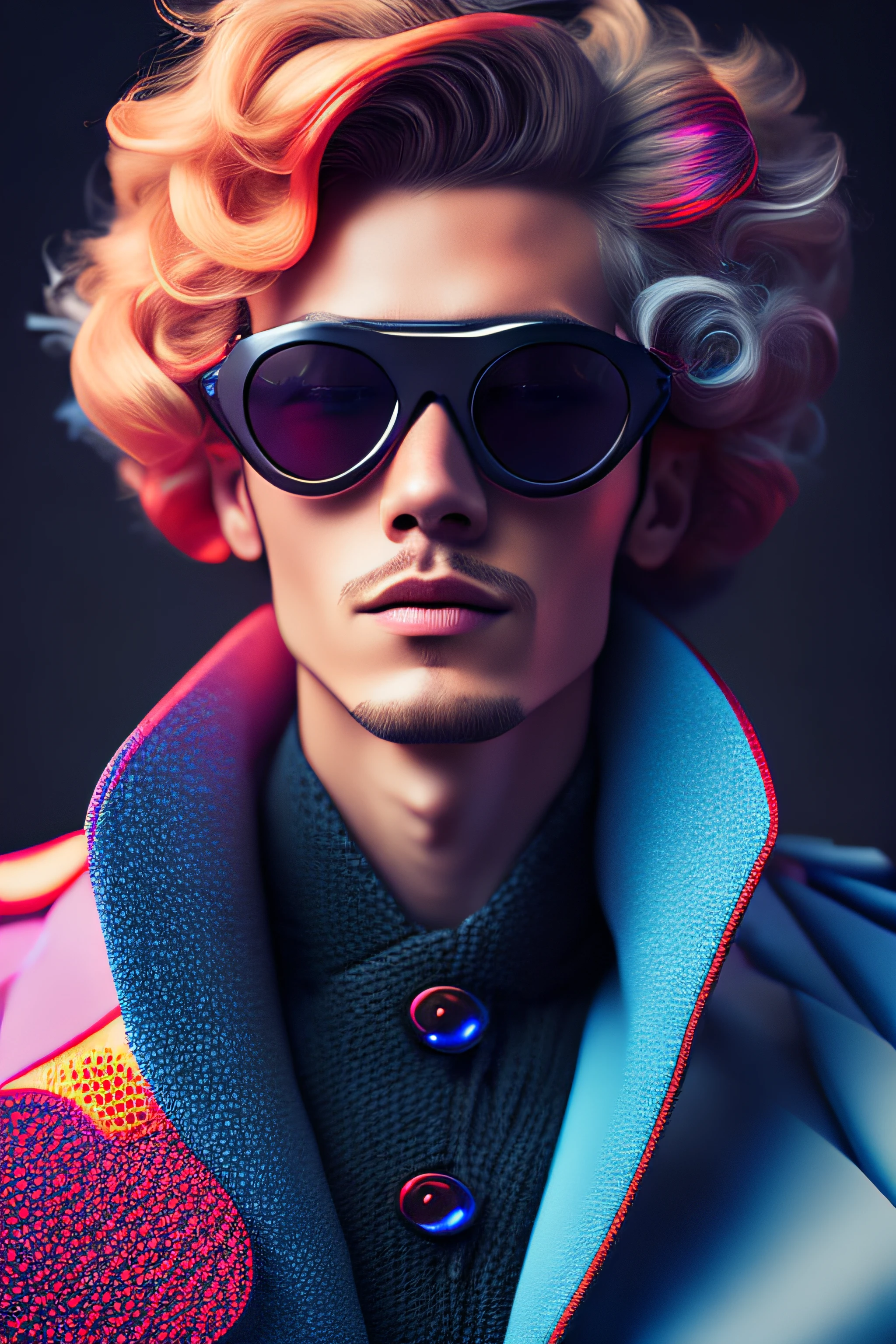(portrait fashionista man middle ages 1950s with intricate colorful trendy glossy polarized goggle), flufly clorful hair, smily expression, (Extremely Detailed digital photography:1.2), standing in middle of city, (((full body))), raw picture, analogue, Hasselblad, 50asa, f8, 12mm, glow effects, godrays, Hand drawn, render, 8k, octane render, cinema 4d, blender, dark, atmospheric 4k ultra detailed, cinematic sensual, Sharp focus, humorous illustration, big depth of field, Masterpiece, colors, 3d octane render, 4k, concept art, trending on artstation, hyperrealistic, Vivid colors, rim light, extremely detailed CG unity 8k wallpaper, trending on ArtStation, trending on CGSociety, Pop Art style by Yayoi Kusama, Intricate, High Detail, dramatic
,pure energy, light particles, sci-fi