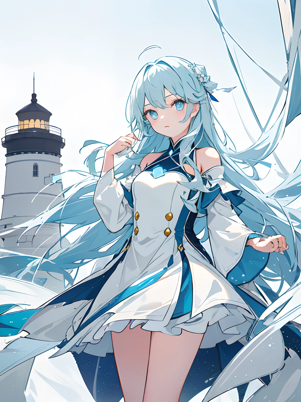 1. The character:Polaris stands on the lighthouse,The dark sea is illuminated in the distance。 appearance:Light blue shoulder-length hair,Dark blue pupils,Wears a blue outfit,Mixed with a little warm pink。 nature:Lively and welcoming,Helpful。 Hobbies:photography of,skiing,skating,ice - carving。 Labels:Keeper of the lighthouse。 scene:The lighthouse stands high over the rugged coastline,Polaris stands at the top of the tower,Looking out over the vast ocean。The beam of the lighthouse illuminates the sailing ships in the dark,Show them the way。