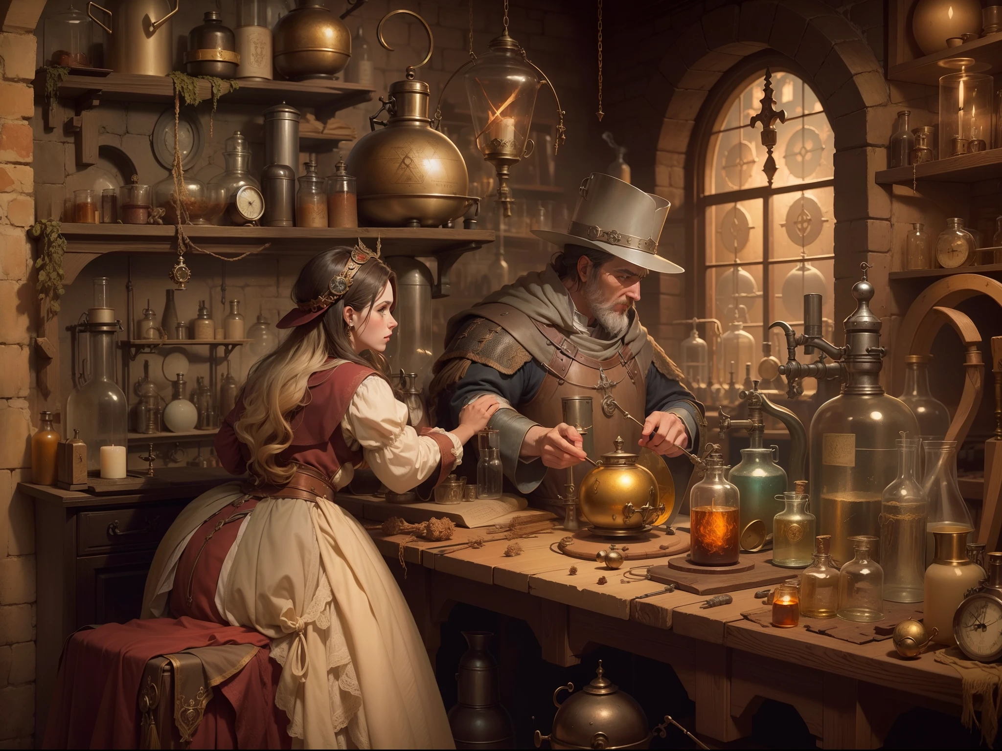 An amazing medieval alchemist with his wife in an alchemical laboratory, Stunning composition, Alchemical instruments and symbols, Use a warm palette to create an amazing, vintage image.