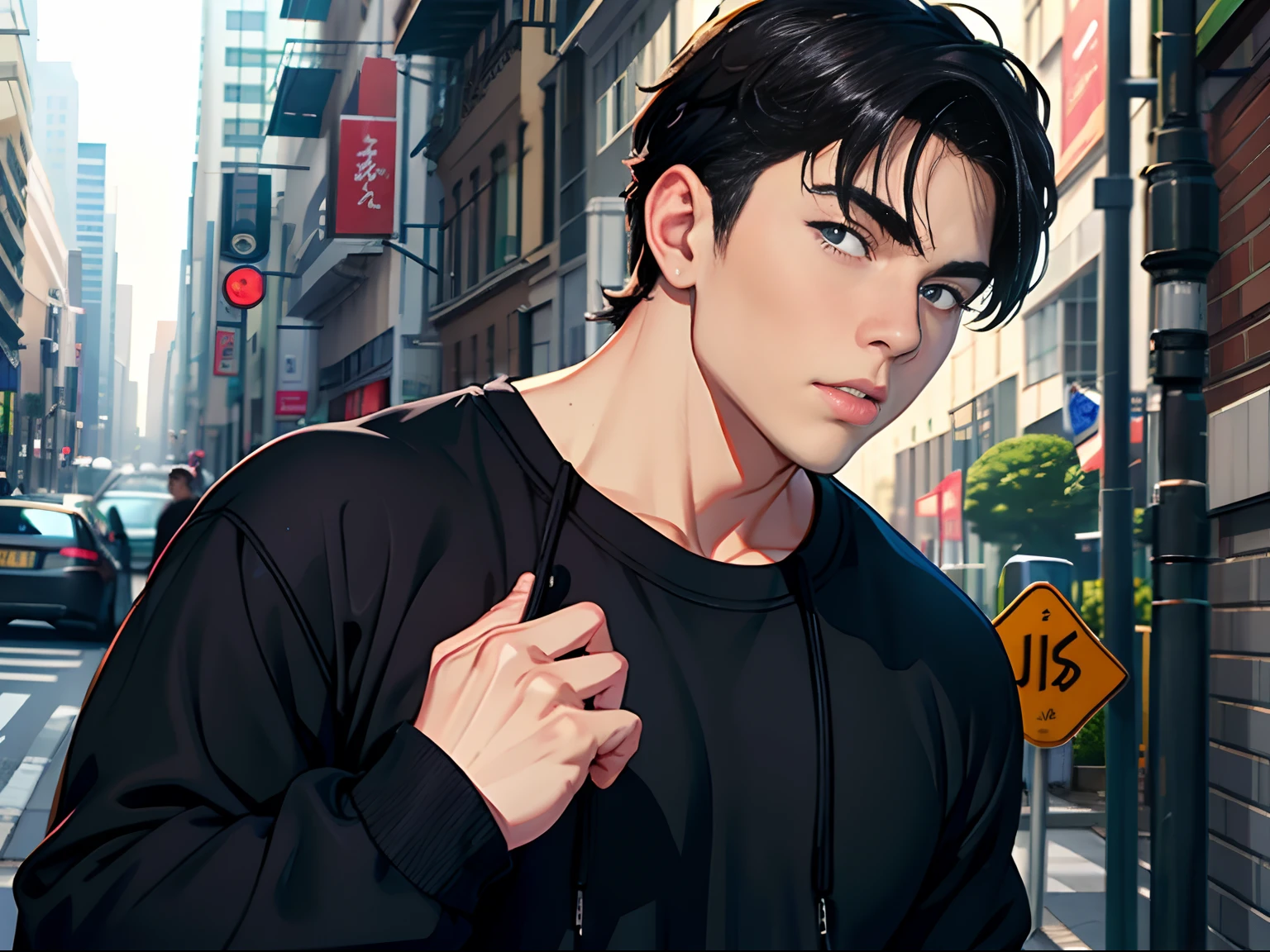 A burly young man。Wear a casual black sweatshirt，On the street，His face showed hesitation，Apprehensive expression