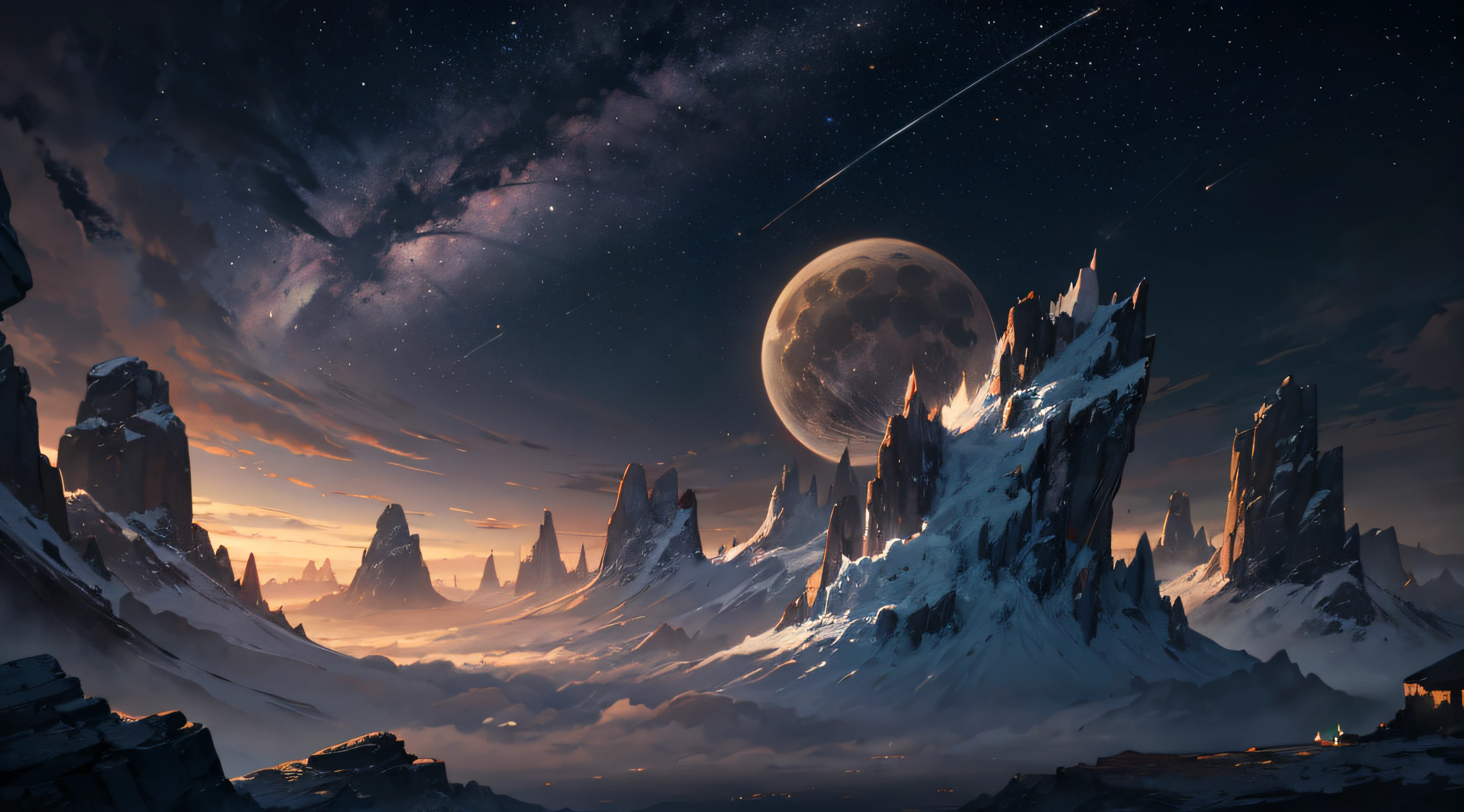 Expansive landscape photograph，（moon full：1.2），（meteors：0.9），（Starcloud：1.3），（Warm light source：1.2），（glowworm：1.2），lamp lights，Lots of purple and orange，Complicated details，Volumetriclighting，Realism BREAK（tmasterpiece：1.2），（best qualtiy），8K，Ultra-detailed，（dynamic compositions：1.4），The is very detailed，Colorful details，（Irridescent color：1.2），（luminouslighting，Atmospheric lighting），dream magical，magical，（独奏：1.2），（（best qualtiy））， （（tmasterpiece））， （the detail：1.4），depth of fields，maximum definition and sharpness，perfectly proportions，Fluttering clouds，Wallpapers