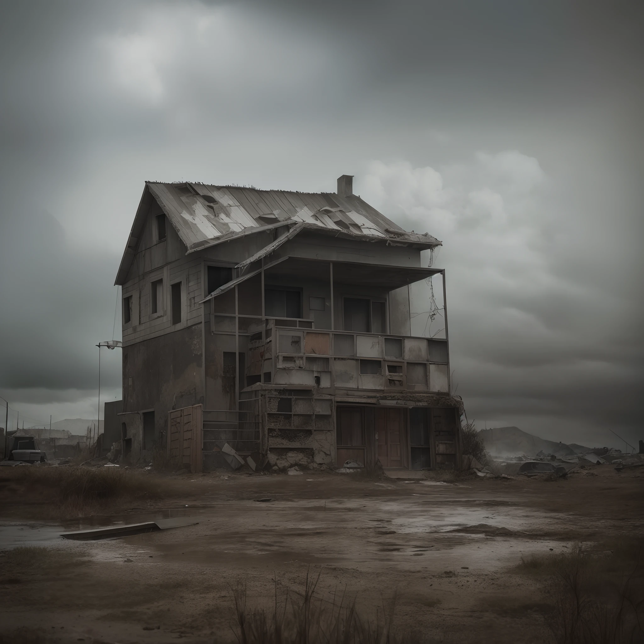 Post apocalyptic house. Dark and gloomy day. Lluvia intensa y rayos. muy detallado. 8k. alta calidad. ultra detallada. fotorrealista. Pintura digital