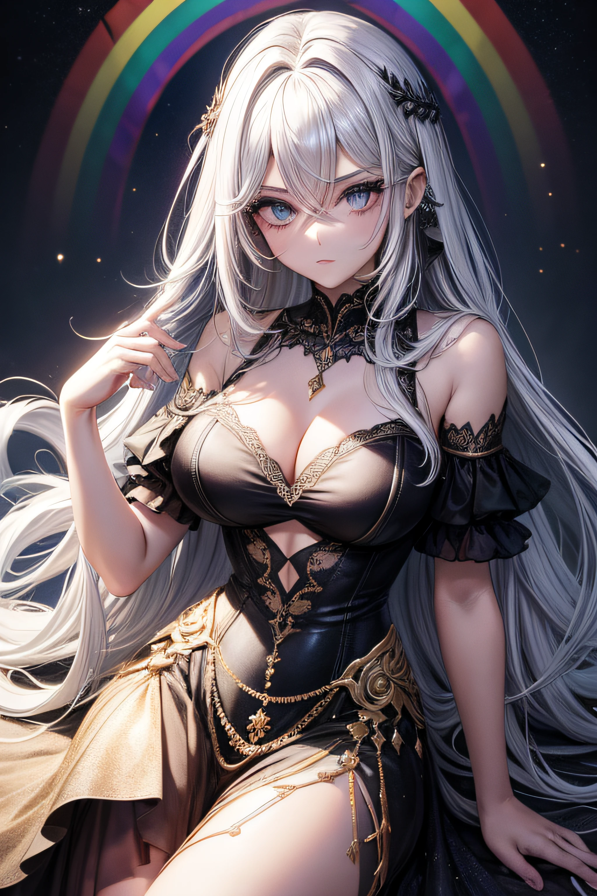 master part, melhor qualidade, cabelo longo, rainbow hair, large eyelashes, olhos ultra detalhados, mulher adulta, seios grandes, elfo, quadril largo, olhos detalhados, detailed hands, mistico, dark ilumination, misterioso, foice grande, vestido longo de seda com glitter
