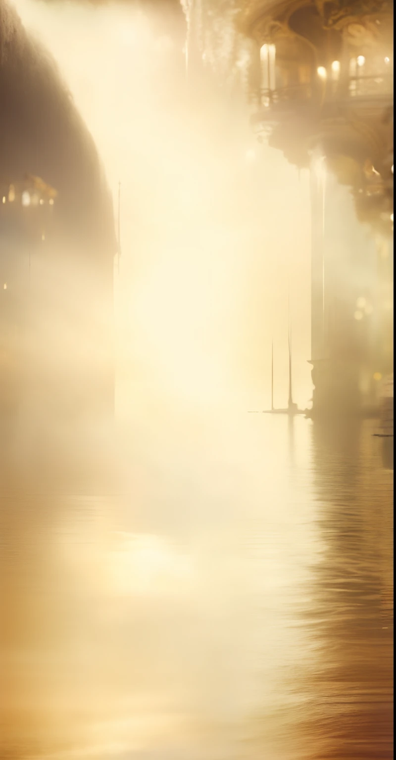 There is a man riding a surfboard on a wave in the water, gold ethereal light, a still of an ethereal, eerie shimmering surroundings, soft focus matte painting, Film stills from《bladerunner》, dreamy atmosphere and drama, ethereal dreamy light, opening scene, ballroom background, movie screen shot, background of a golden ballroom, light kingdom backdrop, Ethereal light