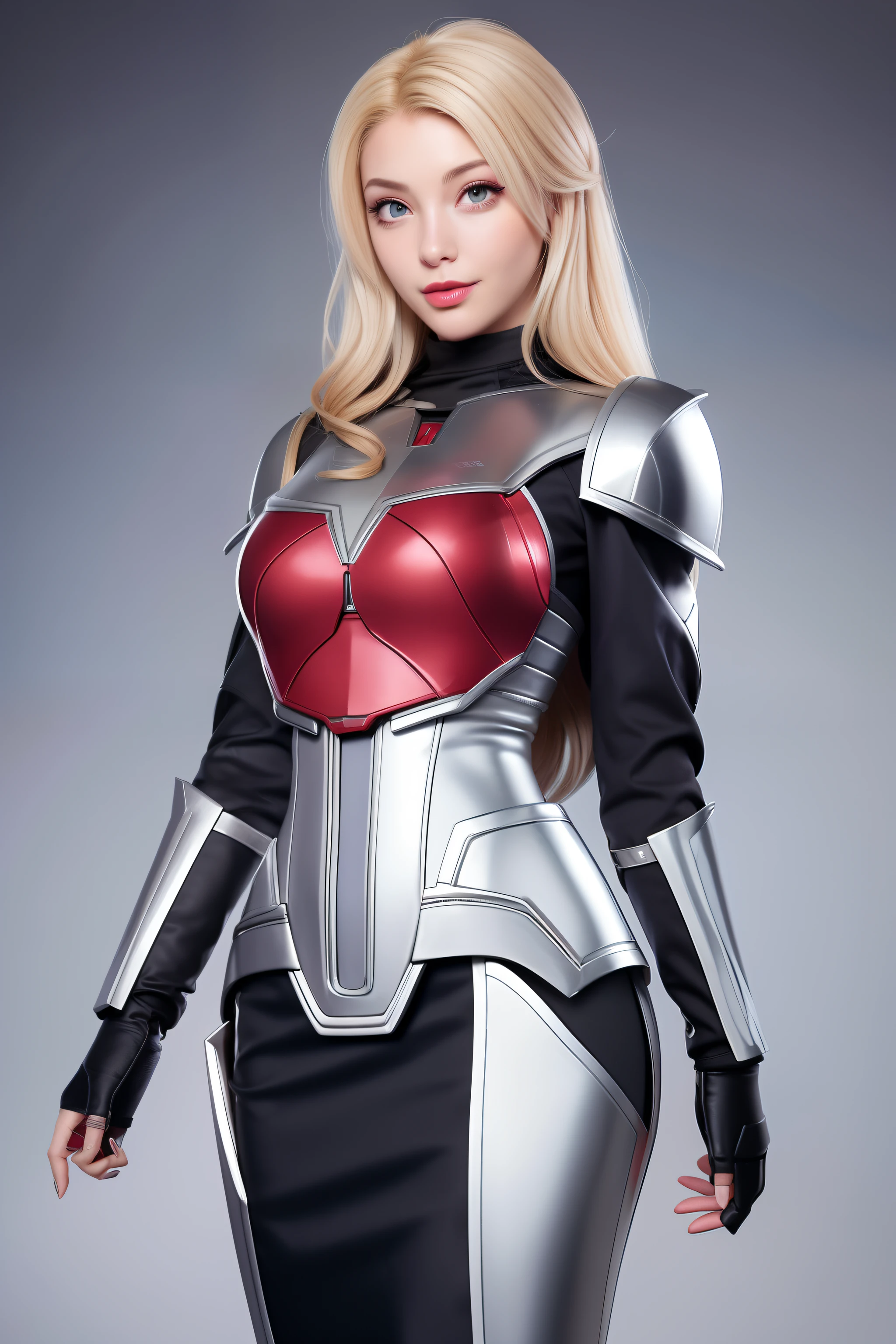Beautiful Face Woman、a blond、Silver background、 Beautuful Women、18year old、prety woman、hyper realistic photography、High-definition photos、Red Lipstick、Mandalorian Style Metal Armor Skirt Suit、big eye、The skin is not very exposed、Do not cut your head off the screen、skirt by the、Robot Machine Suit