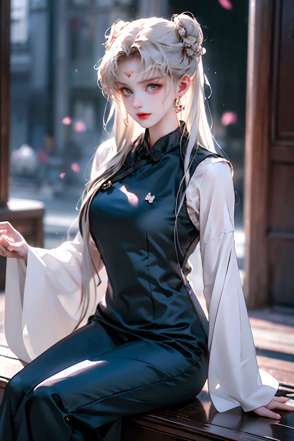 There is a girl in a green dress, plum blossoms, palaces, oriental architecture ray tracing, {best quality}, {{masterpiece}}, extremely detailed 8K wallpaper, {an extremely delicate and beautiful}, colorful, intricately detailed, Realistic, real, camera quality, (detailed depiction of clothes), cool white skin, (detailed depiction of blush), 1080p, sun, soft cuteness, smooth light silver hair, messy beauty, lighting, broken feeling, bright and silky skin , 3D stereoscopic, masterpiece, best quality, super fine illustration, beautiful eyes, very fine light, fine glow, very fine 8K CG wallpaper, peach eyes, red pupils, an extremely delicate and beautiful girl, 8k Wallpaper, best quality, full body close-up, white long dress, luxurious silky bright red chiffon floodlight (magic, glitter, ultra-thin, soft,) Hanfu
