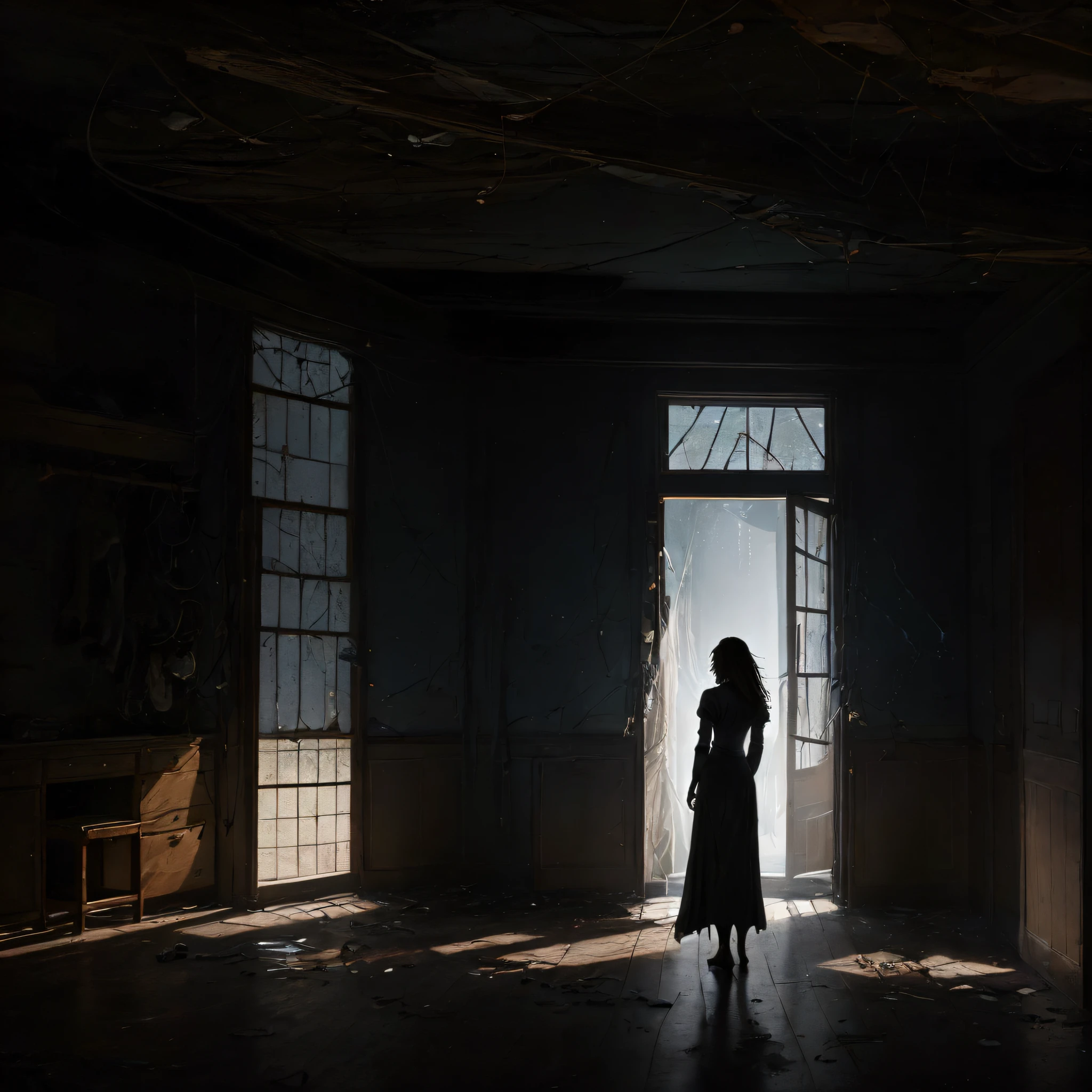 Stable Diffusion Prompt optimized content:
"Ainsley Greenburg, a resilient fixer, confidently stands in a dimly lit room, surrounded by shattered dreams. The fate of her marriage hangs in the balance. Captured from a powerful perspective, the shot focuses on her silhouette from behind, evoking a sense of mystery and tension."