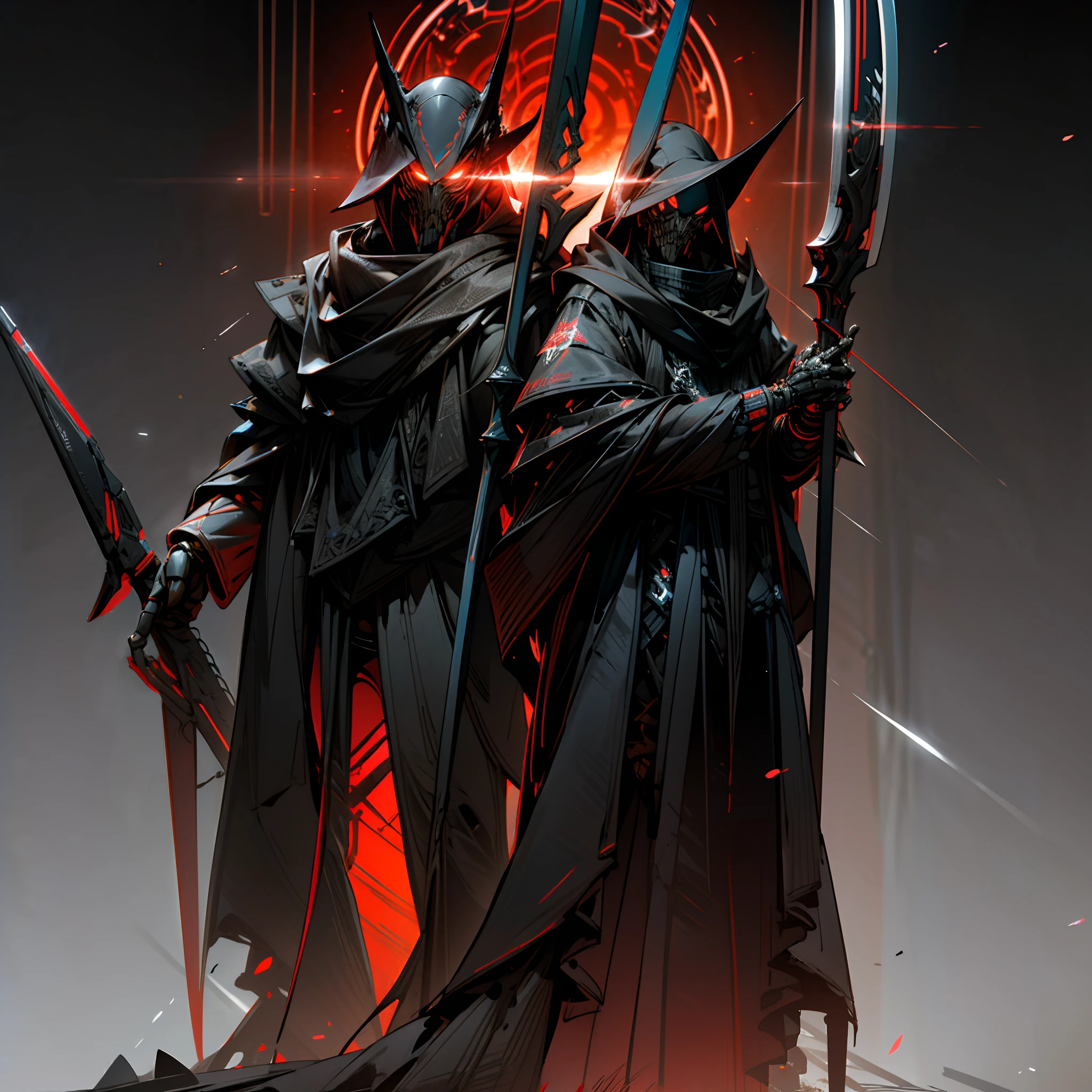 (absurdres, highres, ultra detailed),(Masterpiece, best quality:1.2)Dark_fantasy,1man,Mechanical marvel,Robotic presence,Cybernetic guardian, reaper, mechanical reaper, holding a scythe, wearing a black cloak, monochrome,dark red visors,red outlines throughout the body, glowing in the dark