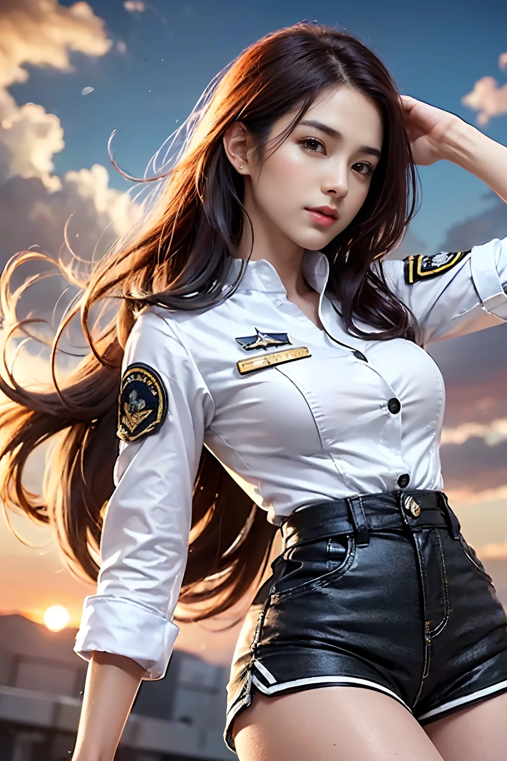 (Best quality, 8k, 32k, Masterpiece, UHD:1.2), (realistic:1.5), (masterpiece, Extremely detailed CG unity 8k wallpaper, best quality, highres:1.2), (ultra detailed, UHD:1.2), Photo of extremely cute and beautiful Japanese woman, (chestnut long wavy hair:1.2), adult, (detailed beautiful girl:1.4), best quality, woman, adult, (detailed US air-force pilot captain uniform:1.3), (white pilot captain shirt:1.3), (black high-waist shorts:1.3), (Beautiful sunset US air force base runway　view background:1.2), embarrassed laughing:1, looking at viewer, facing the viewer, ((perfect female body)), (narrow waist:1.2), (upper body image:1.3), slender, abs, (large breasted:1.25), frame the head, wind, dynamic pose, cinematic light, back light, detailed clothes, perfect anatomy, perfect proportion, detailed human body, stylish model pose,