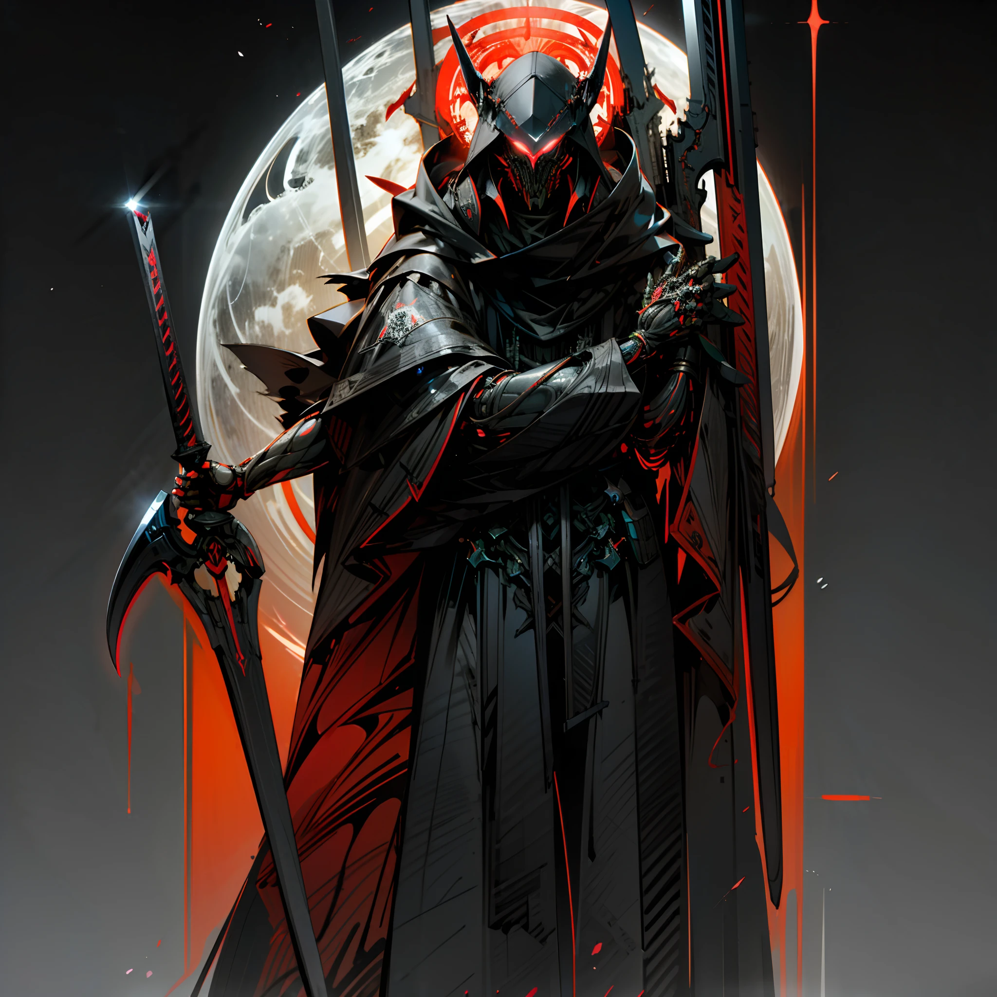 (absurdres, highres, ultra detailed),(Masterpiece, best quality:1.2)Dark_fantasy,1man,Mechanical marvel,Robotic presence,Cybernetic guardian, reaper, mechanical reaper, holding a scythe, wearing a black cloak, monochrome,dark red visors,red outlines throughout the body, glowing in the dark