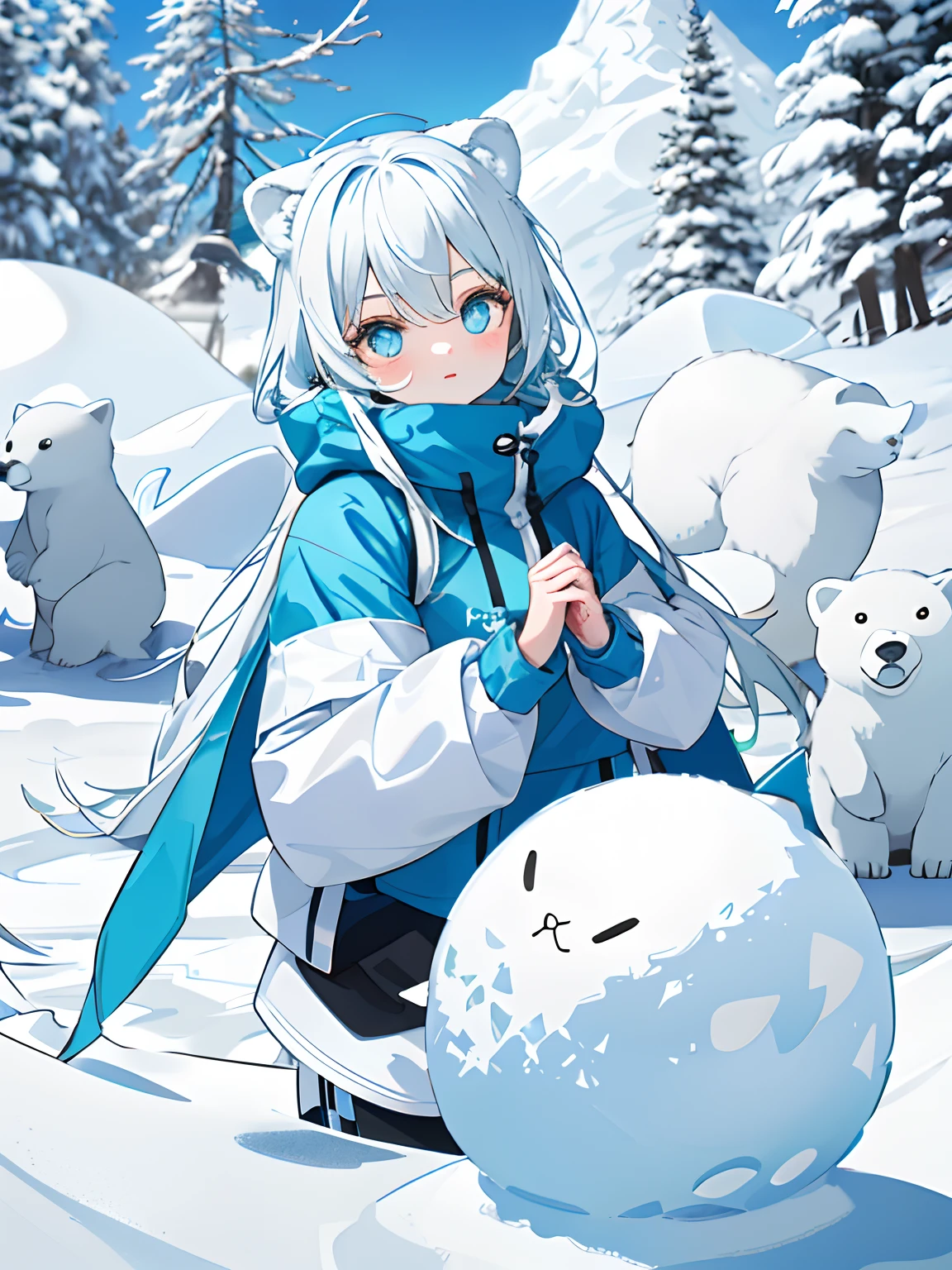 3. The character：Polaris and her polar bear friends play in the snow。 appearance：Light blue shoulder-length hair，Dark blue pupils，Wears a blue outfit，Mixed with a little warm pink。Polar bears with shaggy white bodies。 nature：Lively and welcoming，Helpful。 Hobbies：photography of，skiing，skating，ice - carving。 scene：Vast snow，Polaris is playing with a group of adorable polar bear friends。They build snowmen、snowball fight，Joyful laughter echoed in the ice and snow。