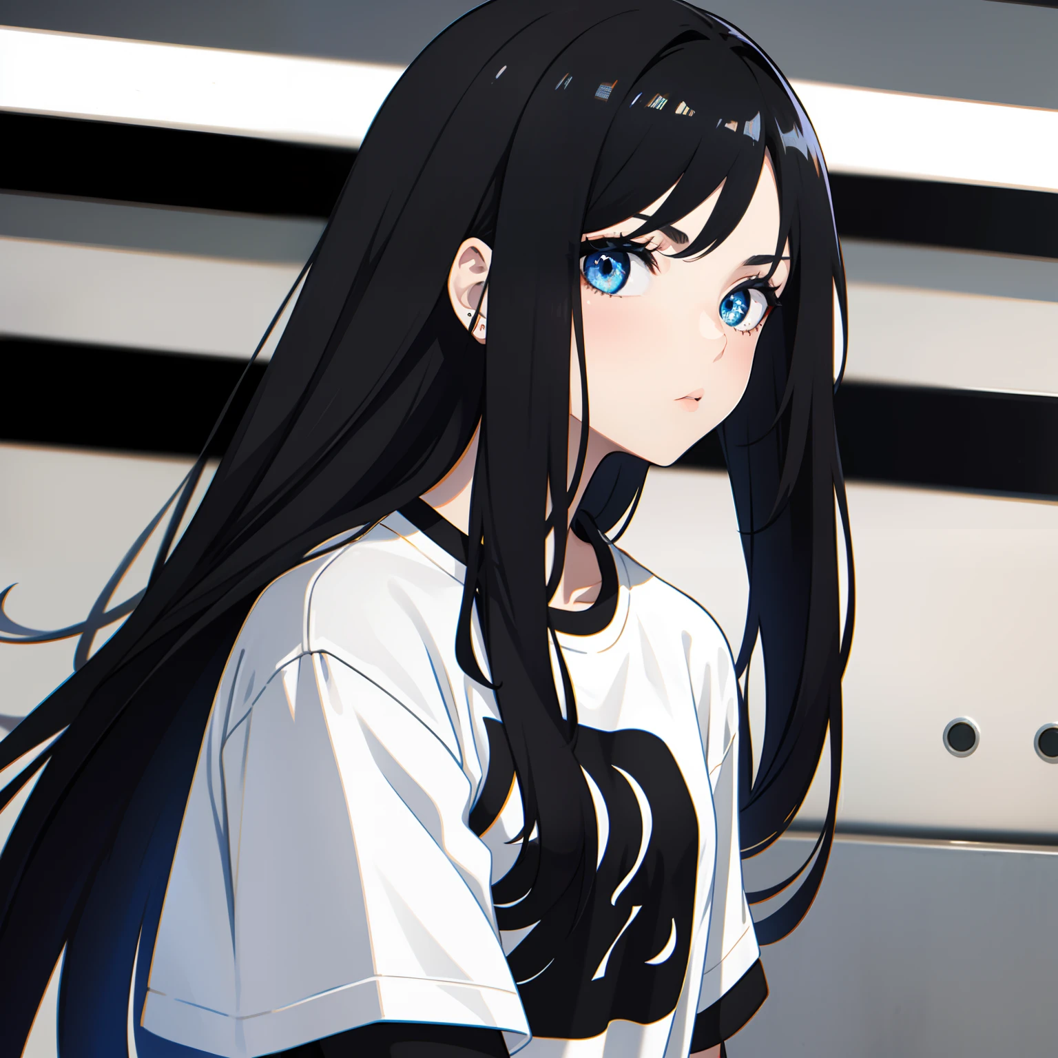 girl, side portrait, black and white,edgy accessories,sporty style, casual t-shirt, confident gaze, mo3nochrome color scheme, looking to the side, chic street fashion,head,Long Hair