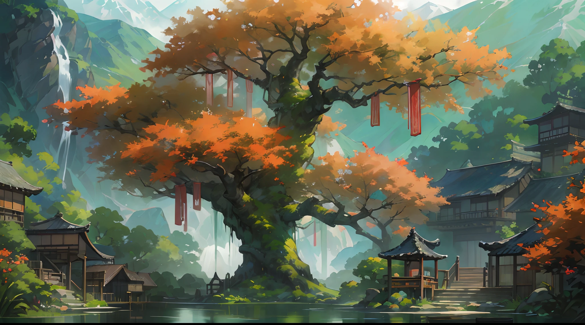 Chinese Antiquity、(A huge ancient tree、flourishing)thatched hut、springtime、jungles、lakes、hole in the mountains、waterfallr、grassy fields、Rochas、hot onsen、hydrosphere、(illustratio:1.0)、Epic composition、Realistic lighting、high definition detail、tmasterpiece、Best quality,(非常详细的 CG 统一 8k 壁纸)
