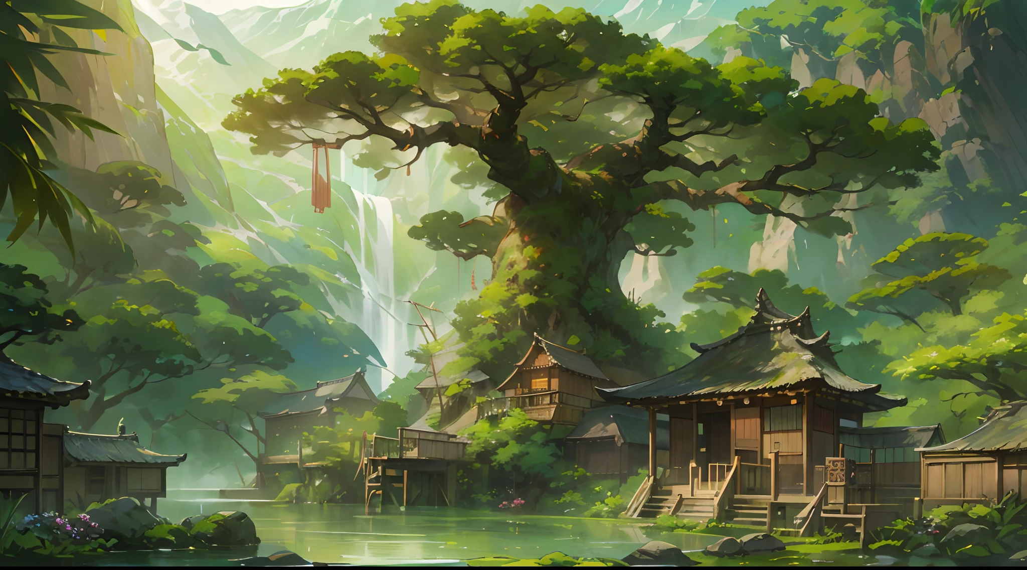 Chinese Antiquity、(A huge ancient tree、flourishing)thatched hut、springtime、jungles、lakes、hole in the mountains、waterfallr、grassy fields、Rochas、hot onsen、hydrosphere、(illustratio:1.0)、Epic composition、Realistic lighting、high definition detail、tmasterpiece、Best quality,(非常详细的 CG 统一 8k 壁纸)