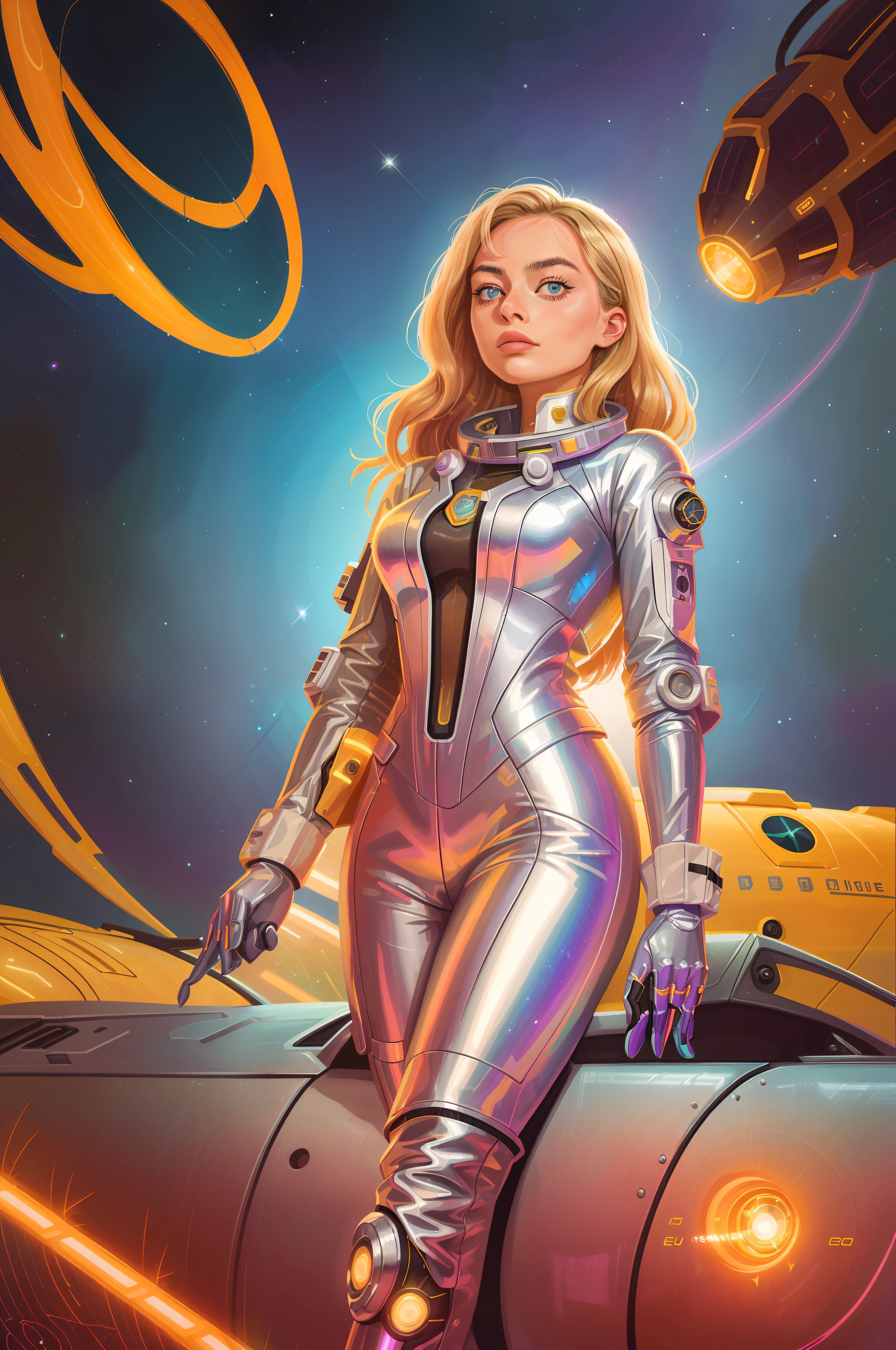 there is a woman in a shiny suit posing for a picture, neon operator margot robbie, holographic suit, silver space suit, retrofuturistic digital painting, wearing disco suit, glossy digital painting, blonde girl in a cosmic dress, beautiful woman in spacesuit, as a retro futuristic heroine, girl in space, inspired by Jules Chéret, as a retrofuturistic heroine