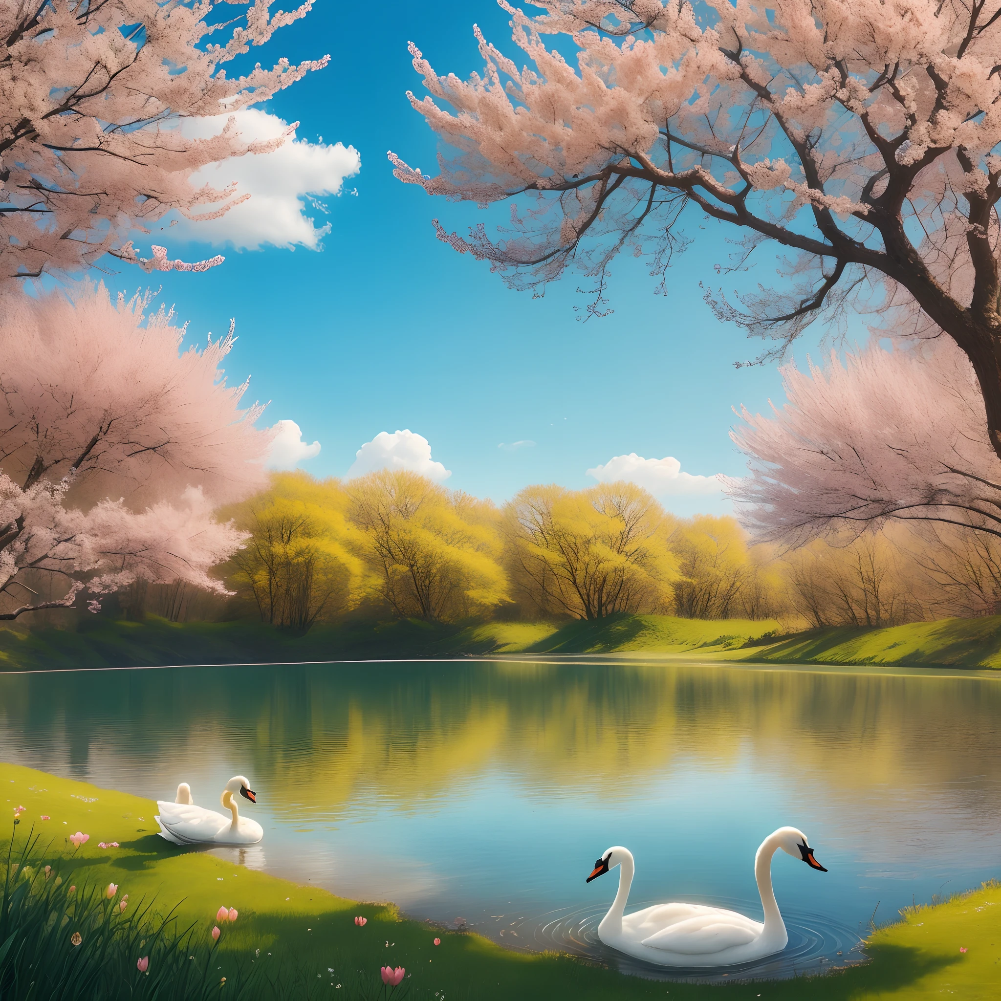 Beautiful day of sun, spring, lake surrounded by flowers, there is a group of swans in the distance