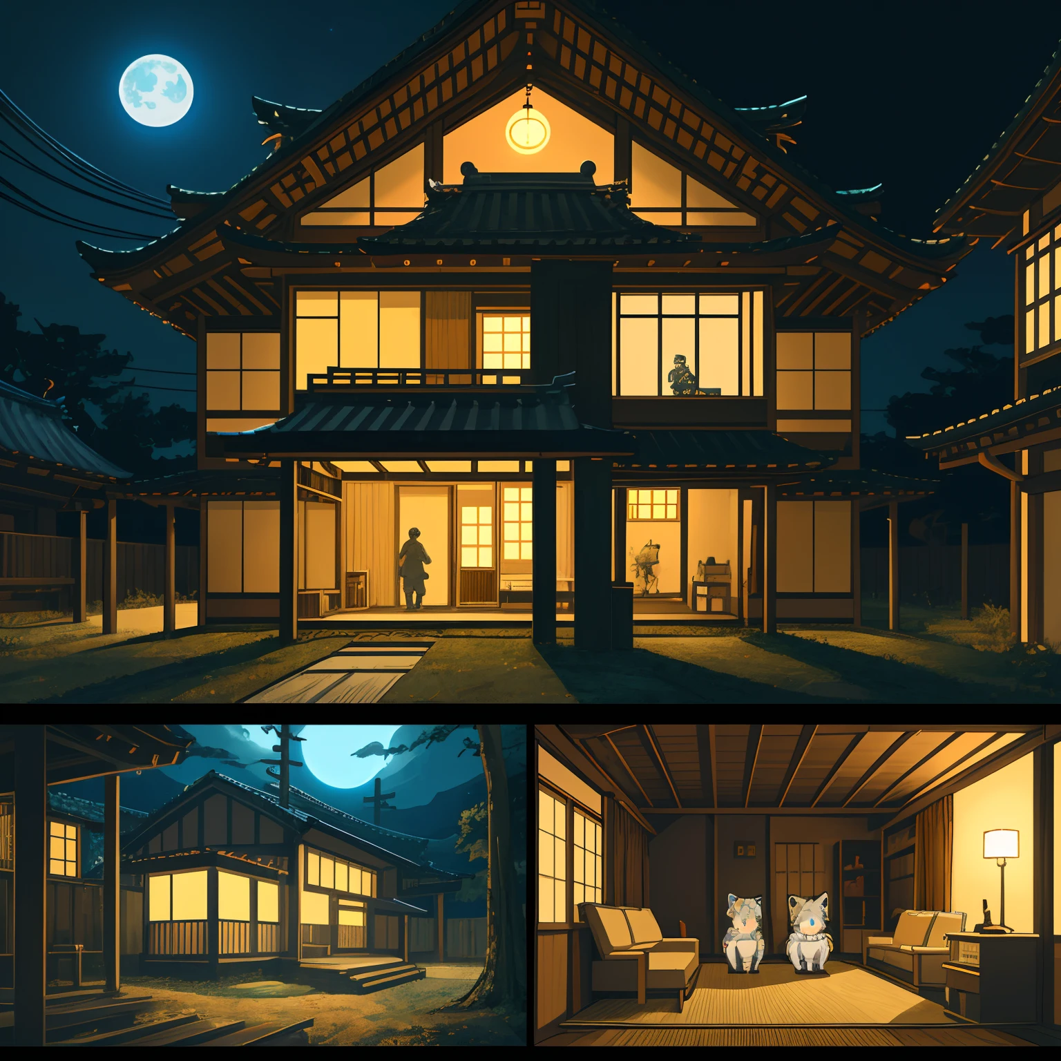 highres, absurdres(highly detailed beautiful face and eyes)perfect anatomy, detailed background, User Interface of game, side view game, night, japanese house, deteriorated furniture, windows, moonlight, 6+boys, 6+girls, expression, good lighting, cinematic shadow(kemono, furry anthro)assorted poses,