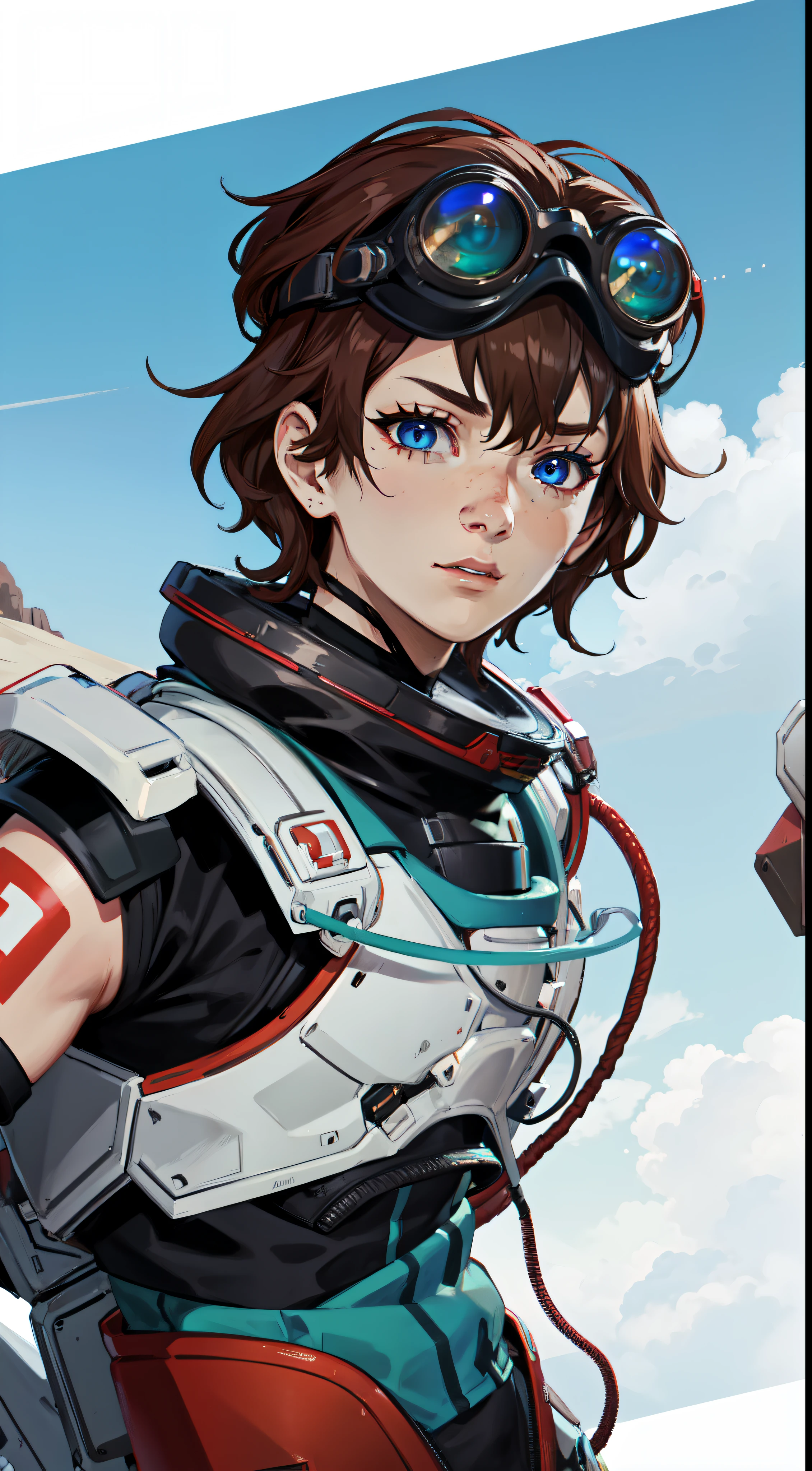 masutepiece, Best Quality, (Solo), 1girl in,  Horizon_\(Apex Legends\), goggles, Blue eyes, Brown hair, gauntlets, Shoulder Armor, Hats, (hitornfreckles:0.5), (scienc_fiction),kosmos,look at viewer